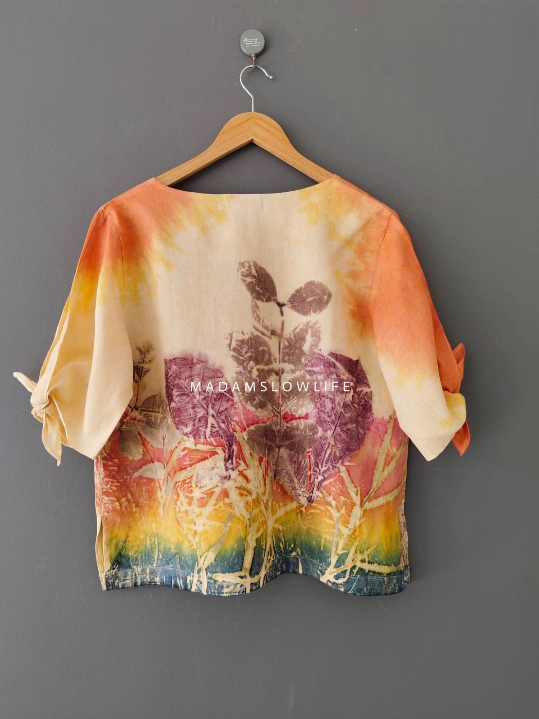 เสื้อผ้าลินินแท้ ลวดลายพิมพ์ลายแบบ eco-print อก 42 นิ้ว ยาว 22 นิ้ว