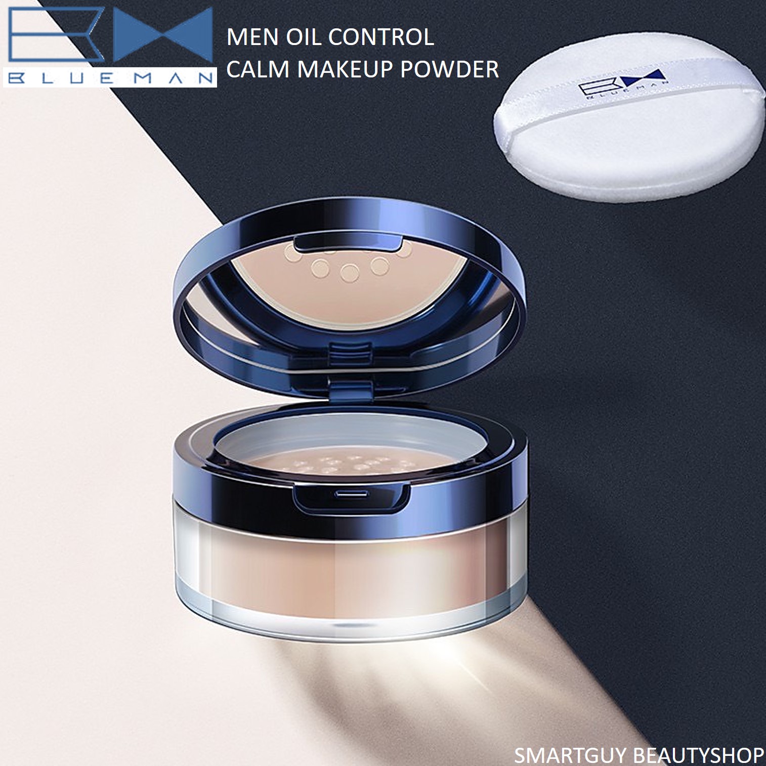 แป้งฝุ่นเนื้อละเอียดพิเศษเพิ่มออร่าสำหรับผู้ชายหน้าเนียนใสเป็นธรรมชาติ BlueMan Men Oil Control Calm Makeup Powder 10g.