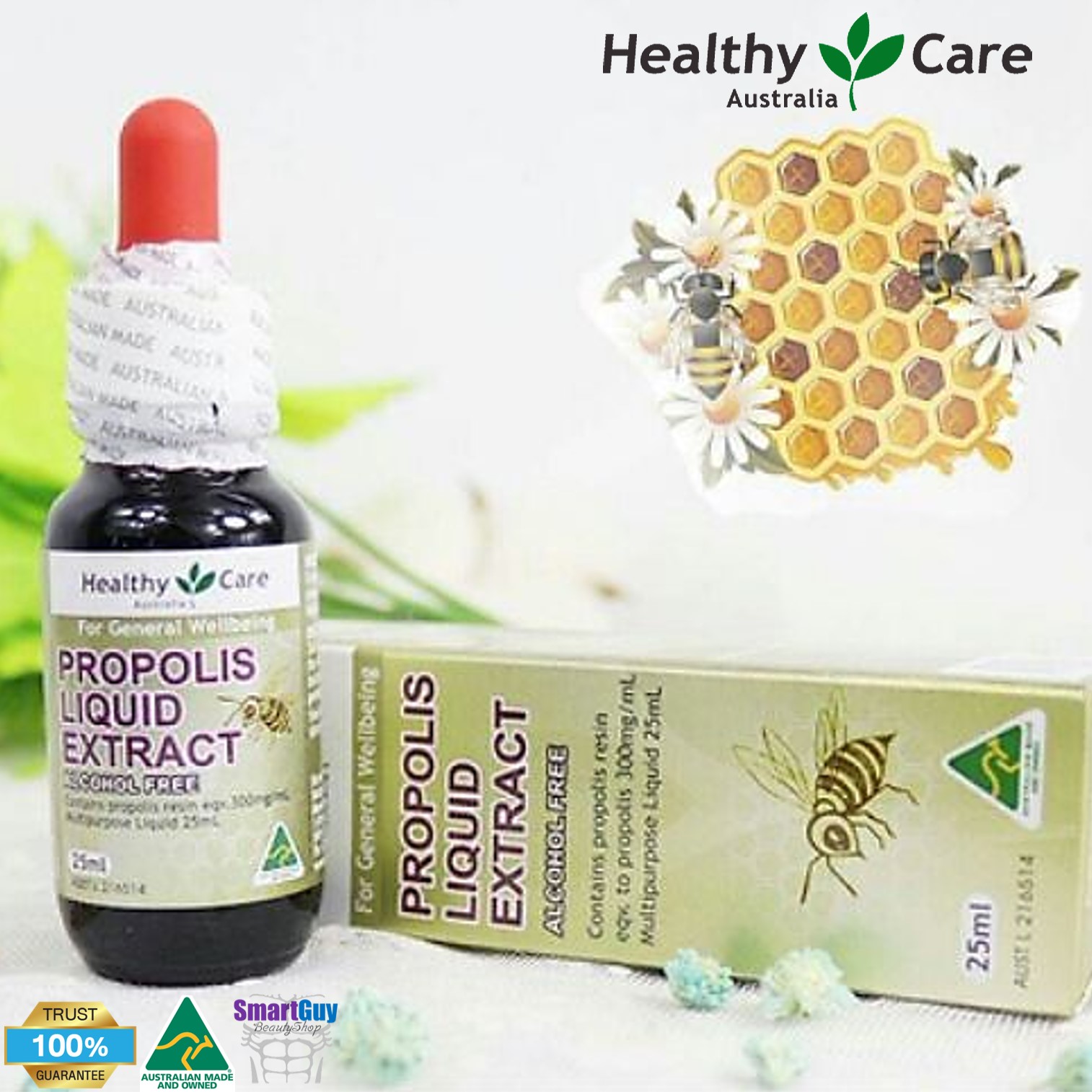 Healthy Care Australia Propolis Liquid Extract Alcohol Free 25ml. เซรั่มพิษผึ้งเข้มข้นผสมสารสกัดธรรมชาติสุดพรีเมี่ยมจากออสเตรเลียของแท้ช่วยลดสิวรอยดำจากสิวและริ้วรอยปรับผิวหน้าตึงกระชับกระจ่างใสย้อนวัยผิวอย่างชัดเจน