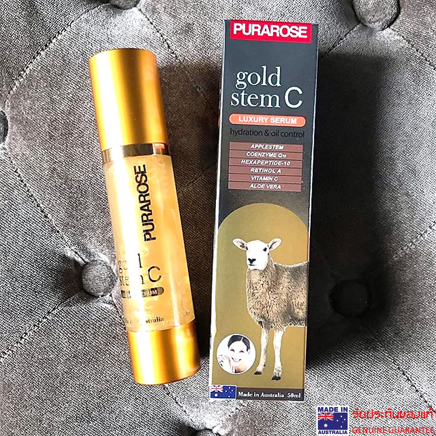 PURAROSE Gold Stem C Luxury Serum 50ml. เซรั่มรกแกะผสมทองคำและสเต็มเซลล์แอปเปิ้ลเขียวของแท้จากออสเตรเลียช่วยลดริ้วรอยปรับผิวหน้ากระจ่างใสสูตรพรีเมี่ยม