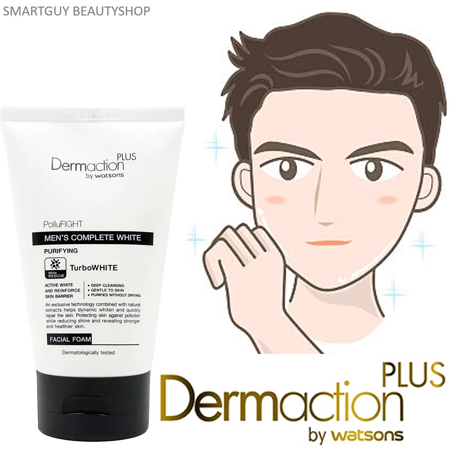 Dermaction Plus By Watsons Men’s Complete White Facial Foam 100ml คลีนซิ่งโฟมทำความสะอาดผิวหน้าผู้ชายสูตรพิเศษทำความสะอาดหมดจดล้ำลึก