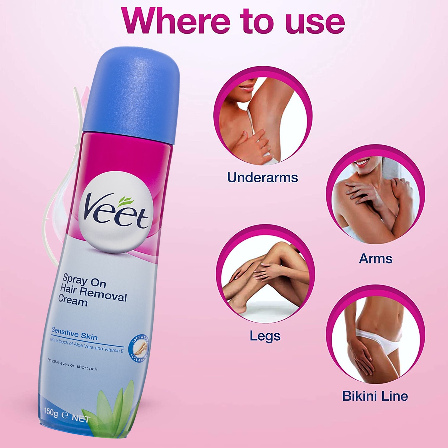 VEET Spray On Hair Removal Cream Sensitive 150g สเปรย์กำจัดขนสูตรอ่อนโยนสำหรับผิวบอบบางแพ้ง่ายสินค้านำเข้าจากออสเตรเลีย