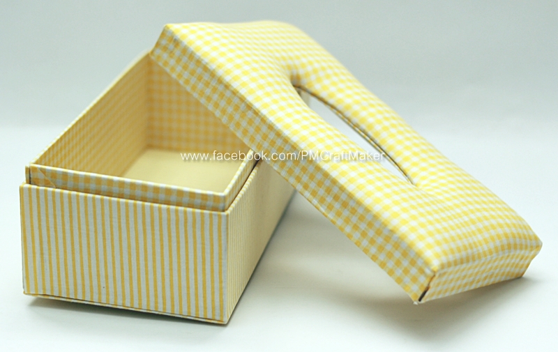 กล่องกระดาษแข็งใส่ทิชชูสี่เหลี่ยมหุ้มผ้า ลายสก๊อตเหลือง-ขาว 010