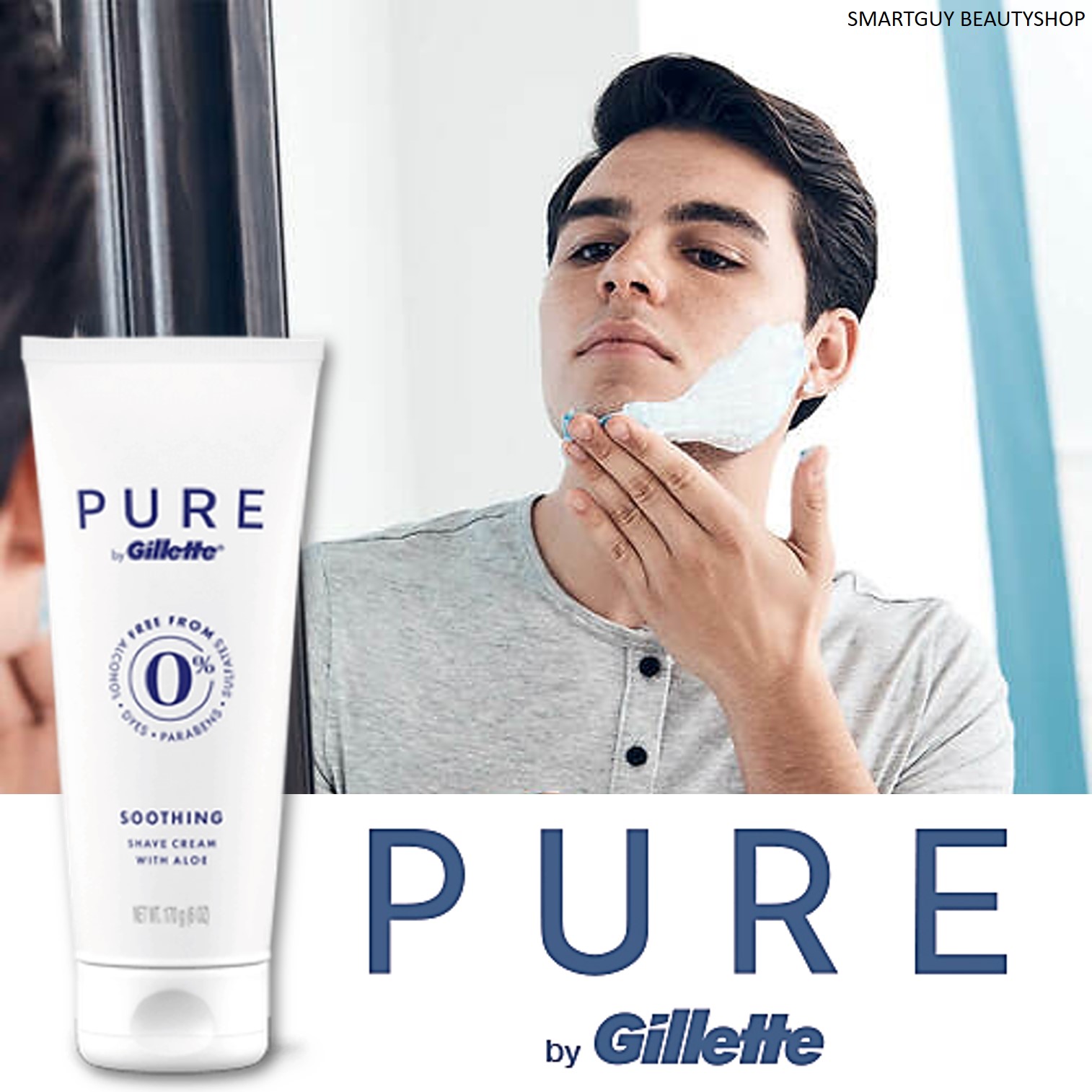 PURE by Gillette Soothing Shave Cream With Aloe 177ml ครีมโกนหนวดสูตรอ่อนโยนพิเศษเพื่อผิวบอบบางแพ้ง่ายจากยิลเล็ต