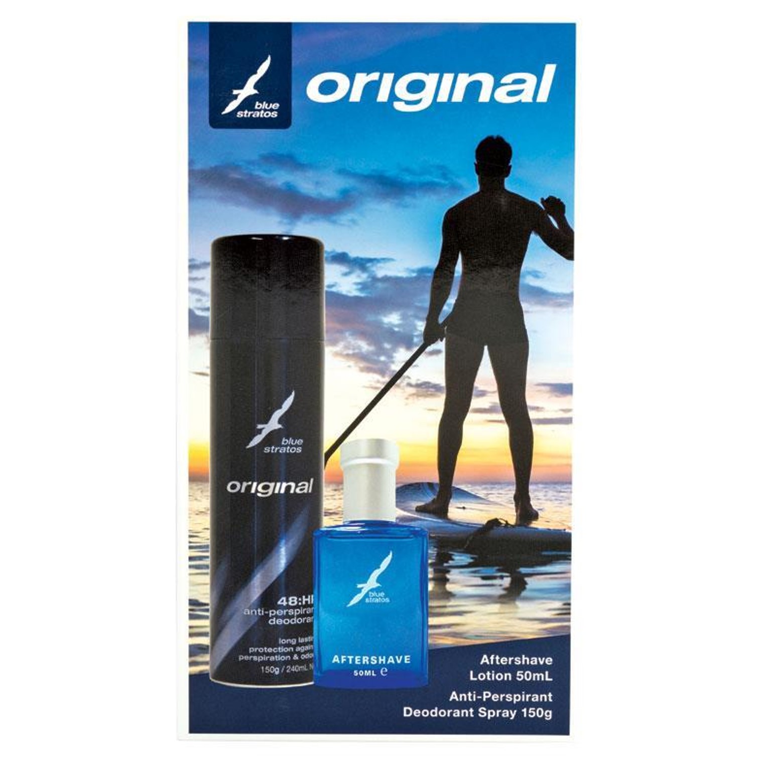 Blue Stratos Aftershave Lotion + Deodorant Spray ชุดผลิตภัณฑ์บำรุงผิวหลังการโกนหนวดและสเปรย์ระงับเกลิ่นกายสำหรับผู้ชายจากต่างประเทศ