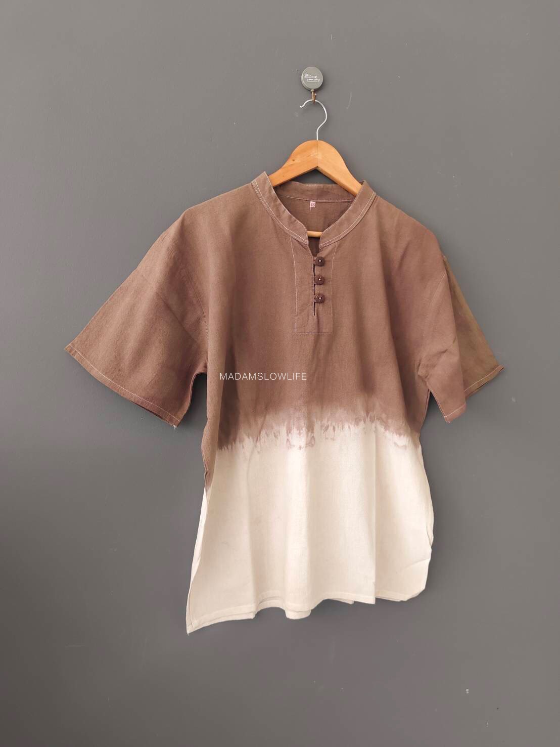 เสื้อคอจีนผู้ชายมัดย้อมสีน้ำตาลปลอดสารพิษ Size:42" 44" 46" 48" 50"