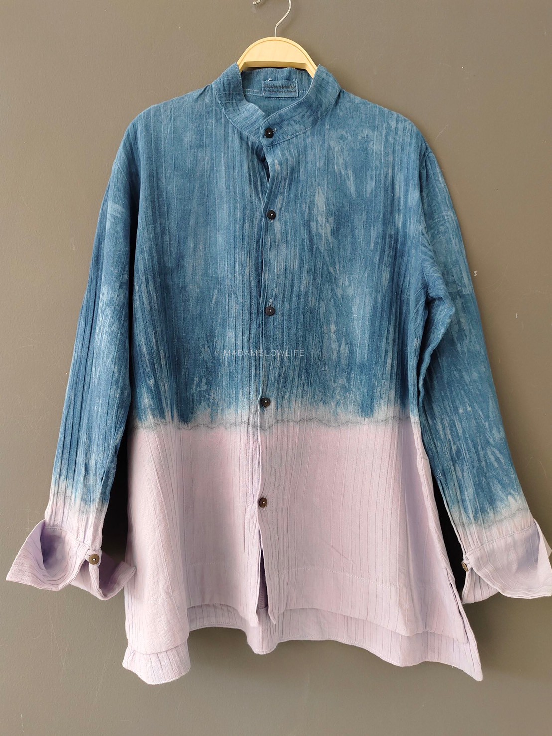 เสื้อแขนยาวคอจีนมัดย้อมทูโทนม่วงคราม Size: F มี 2 แบบ