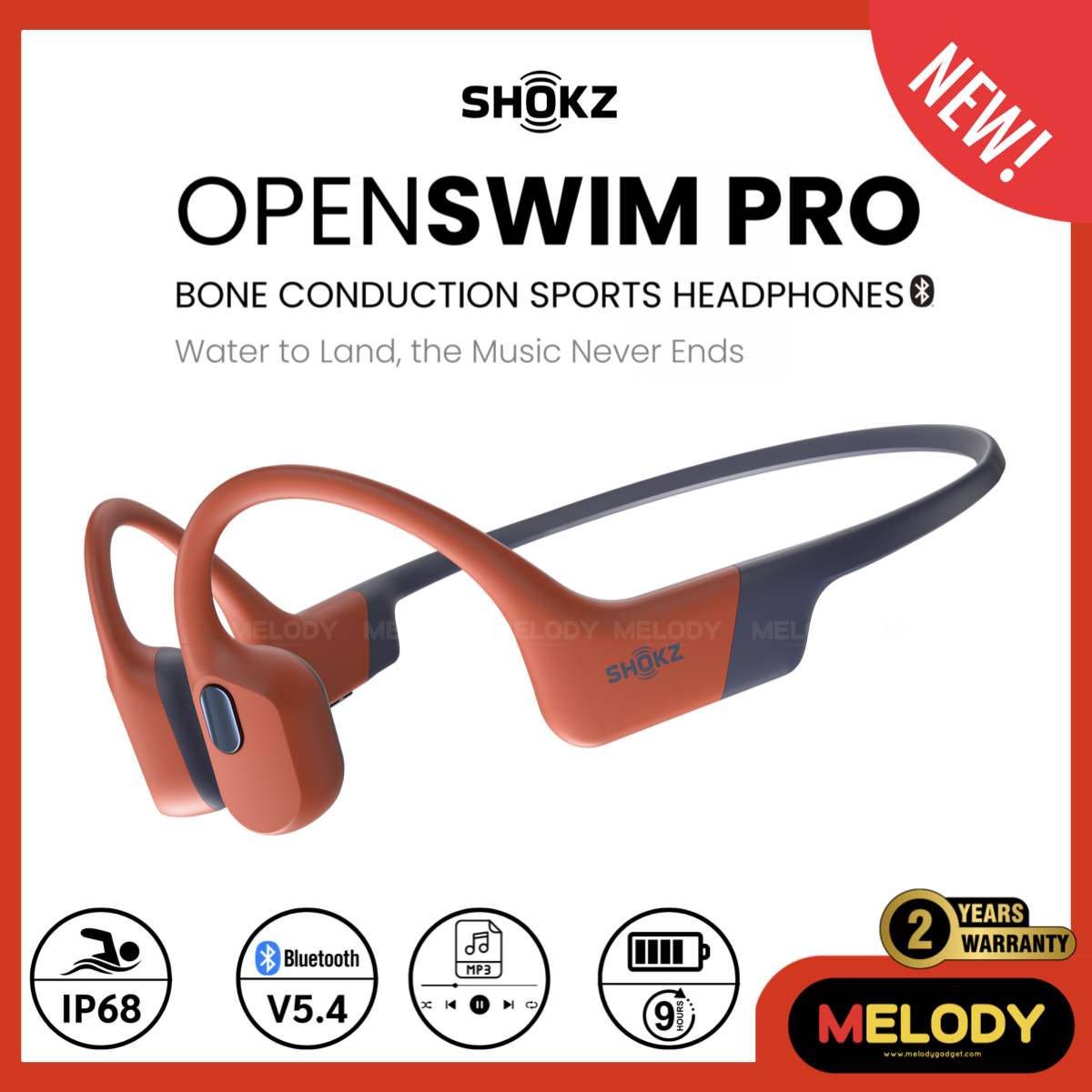 SHOKZ Opensim Pro Bone Conduction Sports Headphones ( RED) หูฟังออกกำลังกาย Bluetooth V5.4, Mp3 แบตเตอรี่ 9 ชั่วโมง รับป