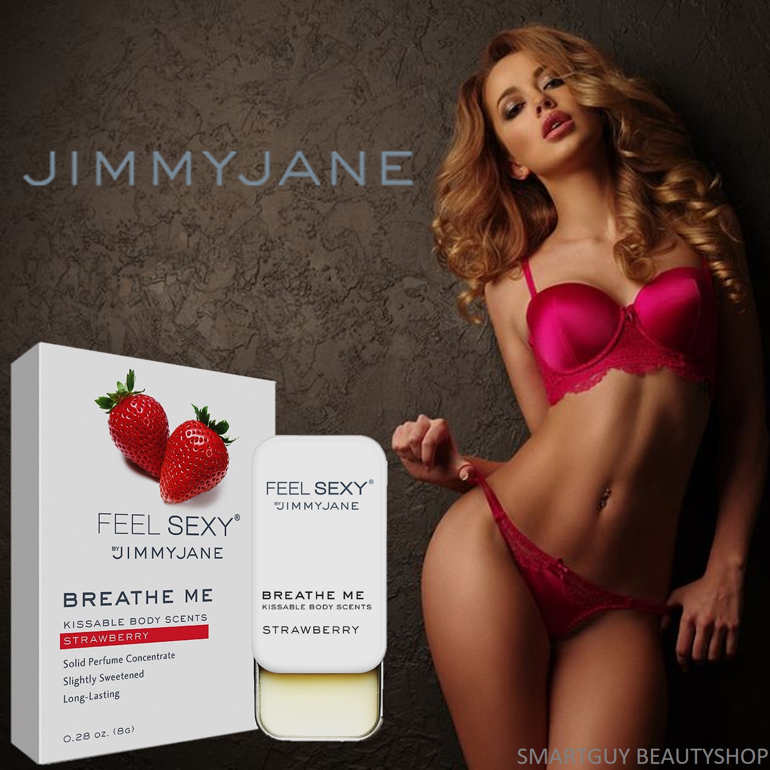 Jimmy Jane Feel Sexy Breathe Me Kissable Body Scents Strawberry 8g บาล์มน้ำหอมสำหรับจุดซ่อนเร้นเพิ่มความเซ็กซี่กลิ่นสตรอเบอรี่ สินค้านำเข้าจากต่างประเทศ