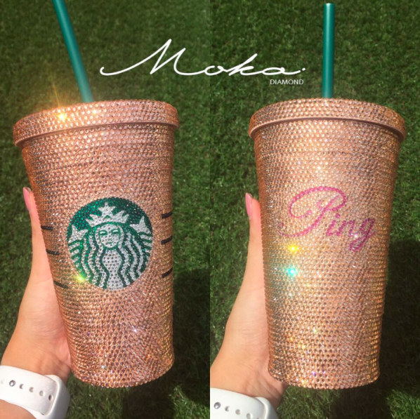 แก้วสตาบัคติดเพชรสีพิ้งค์โกลด์ 16 oz.