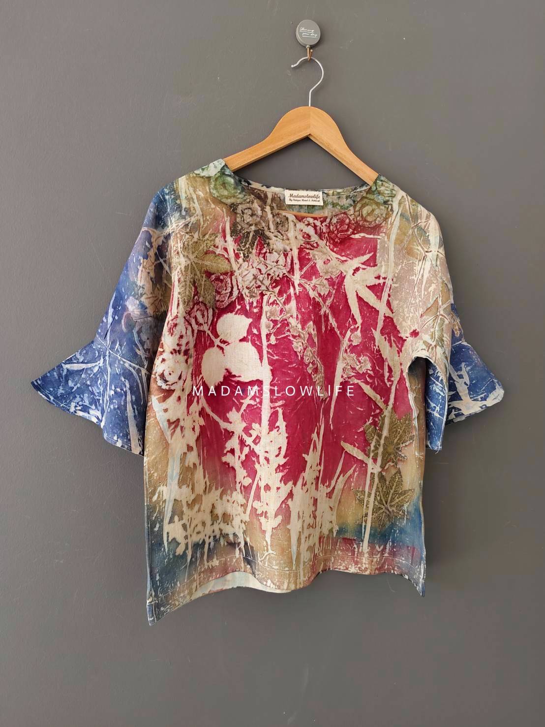 เสื้อผ้าลินินแท้ ลวดลายพิมพ์ลายแบบ eco-print อก 42 นิ้ว แขนยาว 12 นิ้ว ยาว 24 นิ้ว