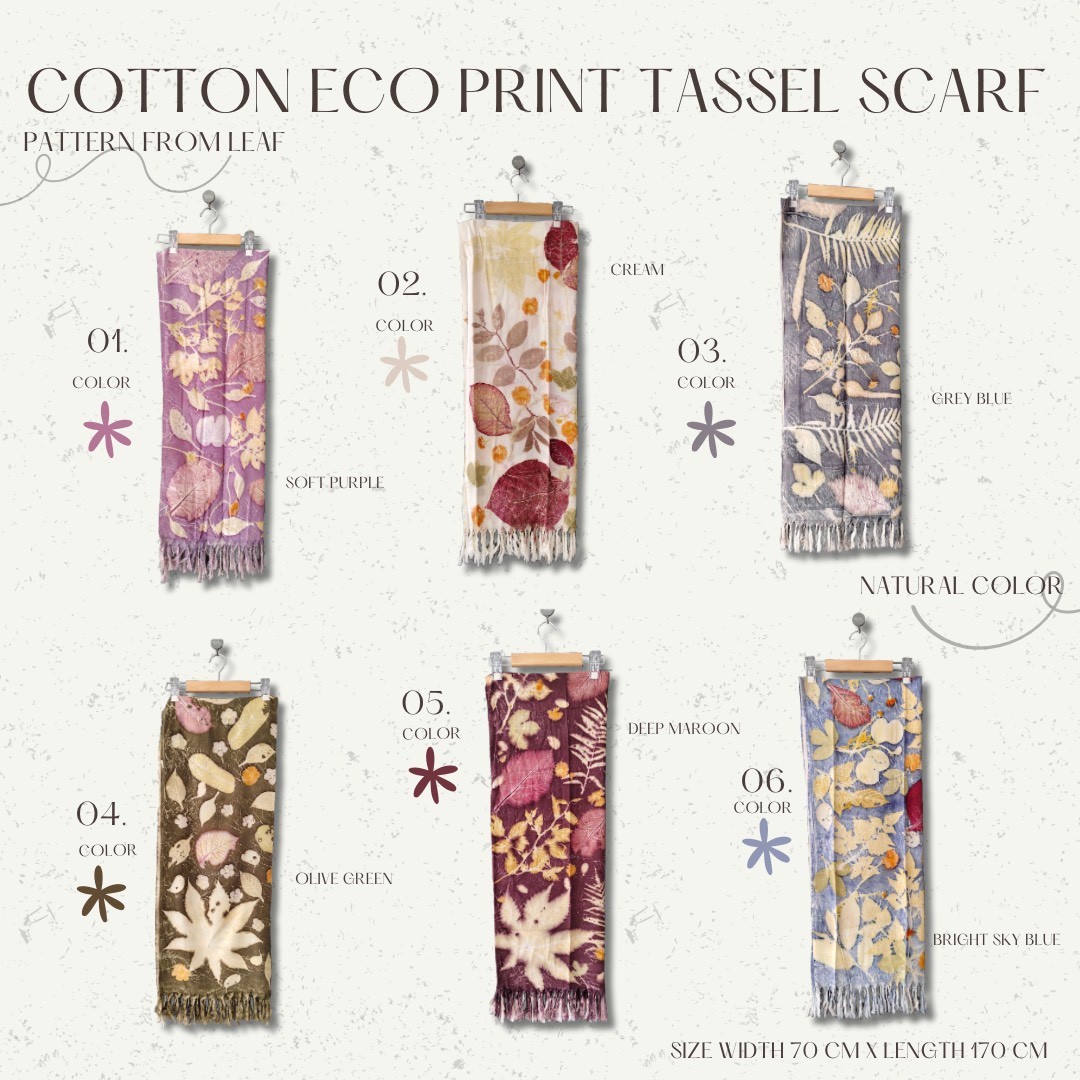 ผ้าพันคอ cotton Eco print Size : กว้าง 70 cm × ความยาว 170 cm มี 6 โทนสี