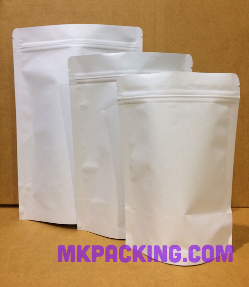 ถุงกระดาษคราฟท์ขาวไม่เคลือบ ทึบ ด้านในฟอยล์ ซิปล็อค ตั้งได้ ขนาด 15x24+4 ซม.