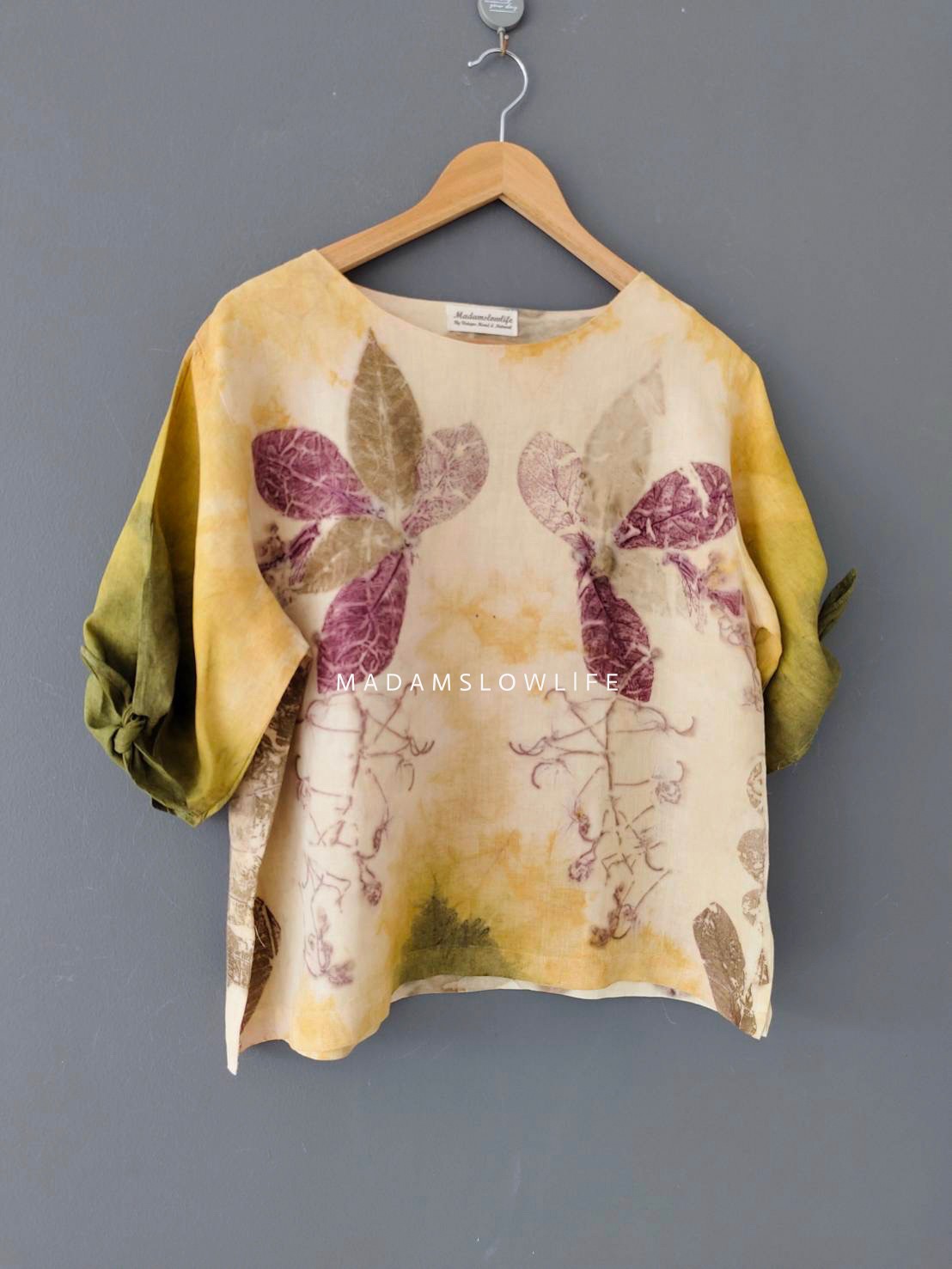 เสื้อผ้าลินินแท้ ลวดลายพิมพ์ลายแบบ eco-print อก 44 นิ้ว ยาว 23 นิ้ว