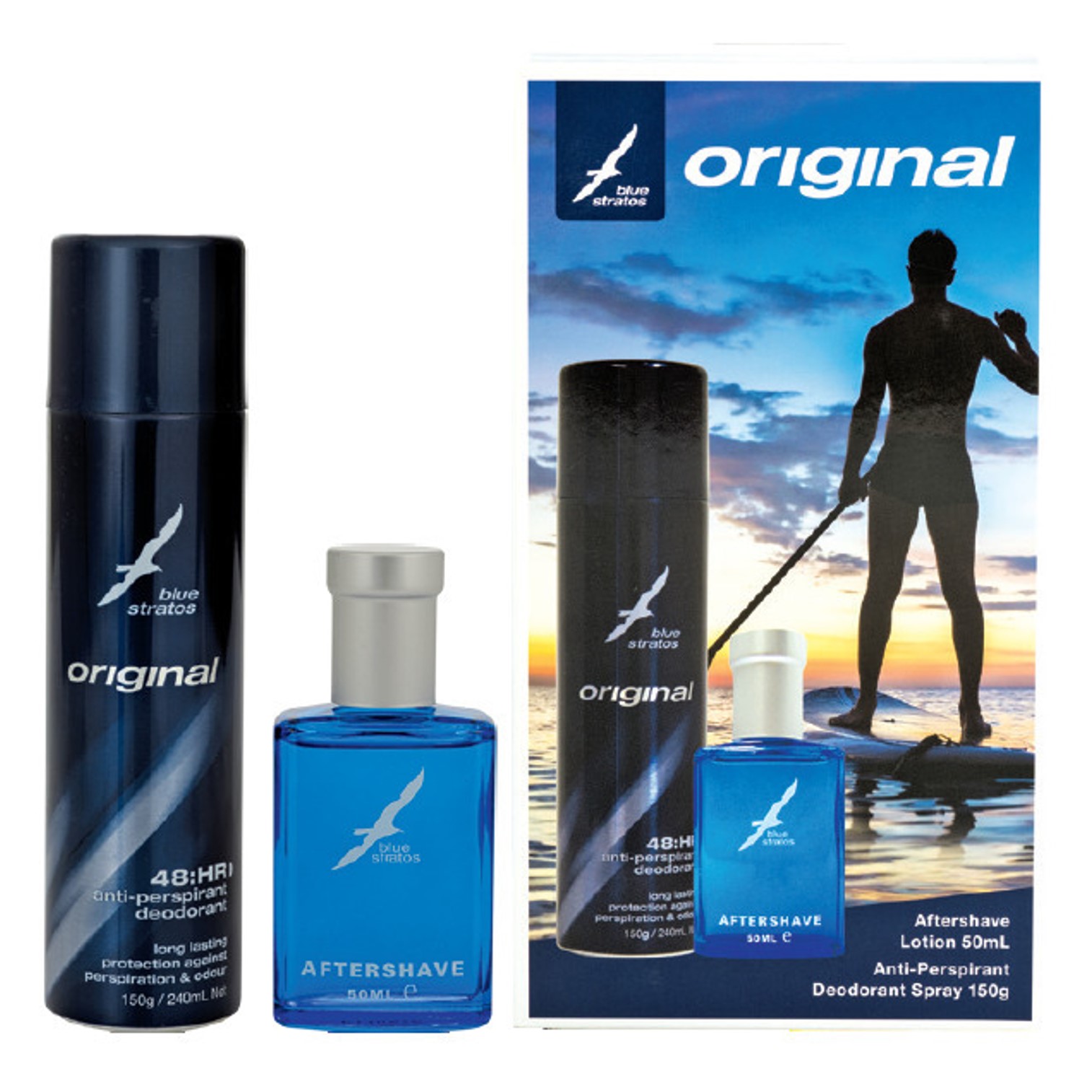 Blue Stratos Aftershave Lotion + Deodorant Spray ชุดผลิตภัณฑ์บำรุงผิวหลังการโกนหนวดและสเปรย์ระงับเกลิ่นกายสำหรับผู้ชายจากต่างประเทศ