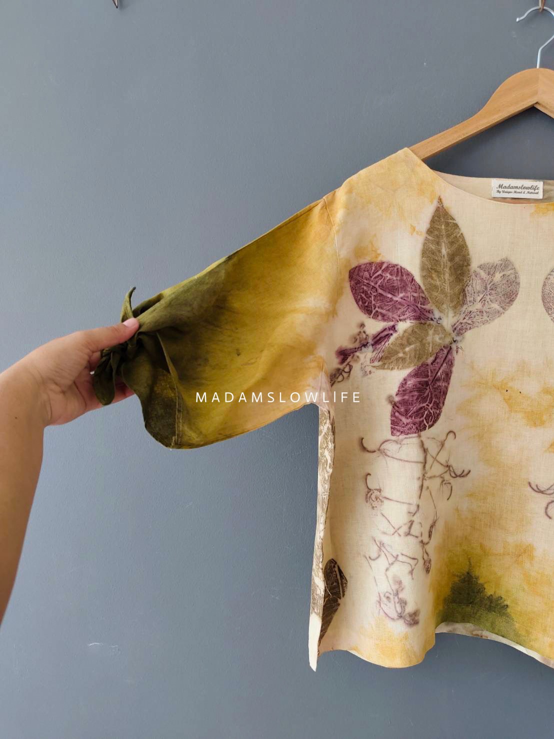 เสื้อผ้าลินินแท้ ลวดลายพิมพ์ลายแบบ eco-print อก 44 นิ้ว ยาว 23 นิ้ว