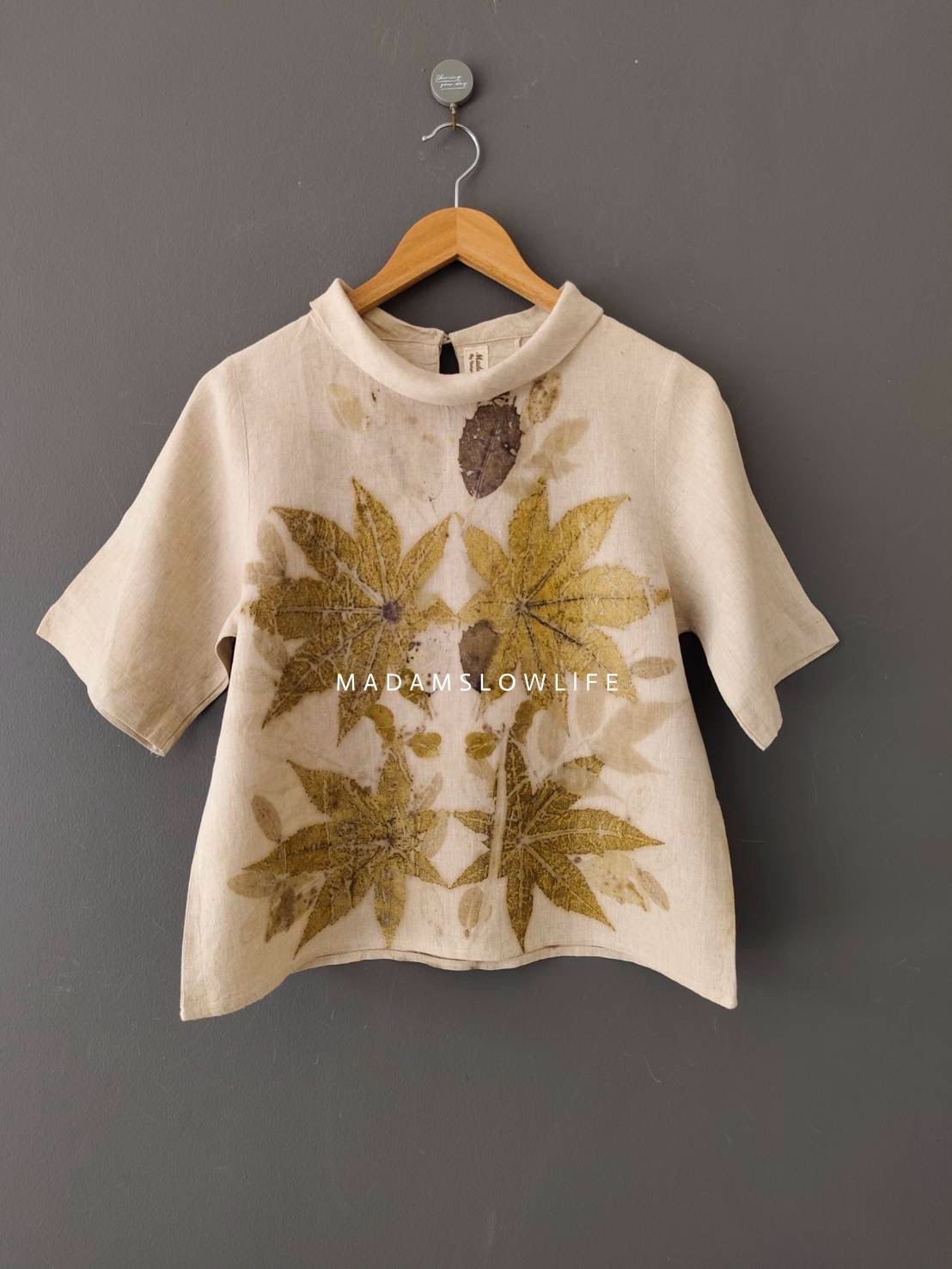 เสื้อผ้าลินินแท้ ลวดลายพิมพ์ลายแบบ eco-print อก 38 นิ้ว ยาว 21 นิ้ว