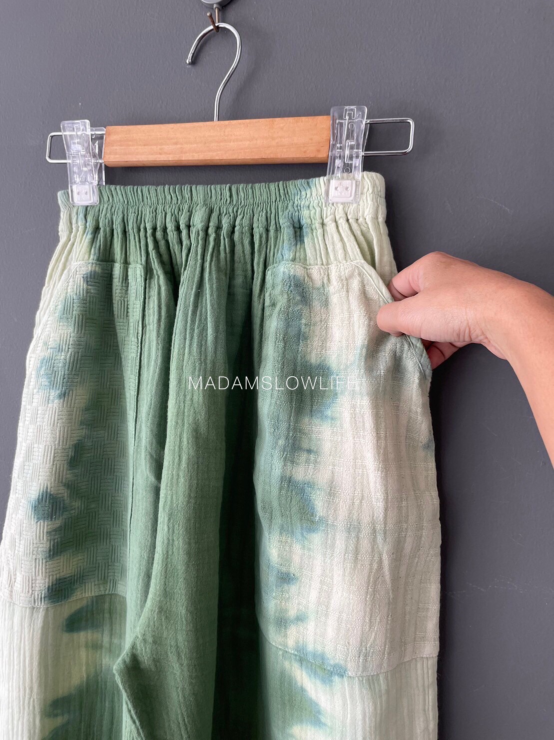 กางเกงผ้าคอตตอน100% พรีเมี่ยมมีเทคเจอร์ ย้อมสีเขียวปลอดสารพิษ Size M