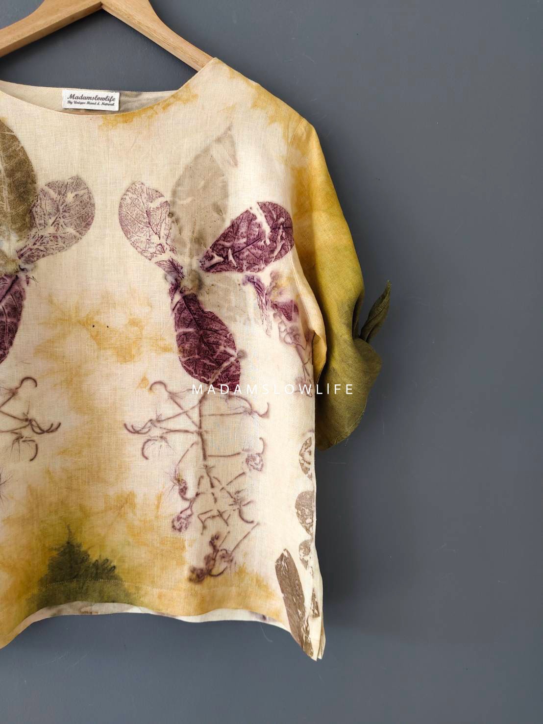 เสื้อผ้าลินินแท้ ลวดลายพิมพ์ลายแบบ eco-print อก 44 นิ้ว ยาว 23 นิ้ว