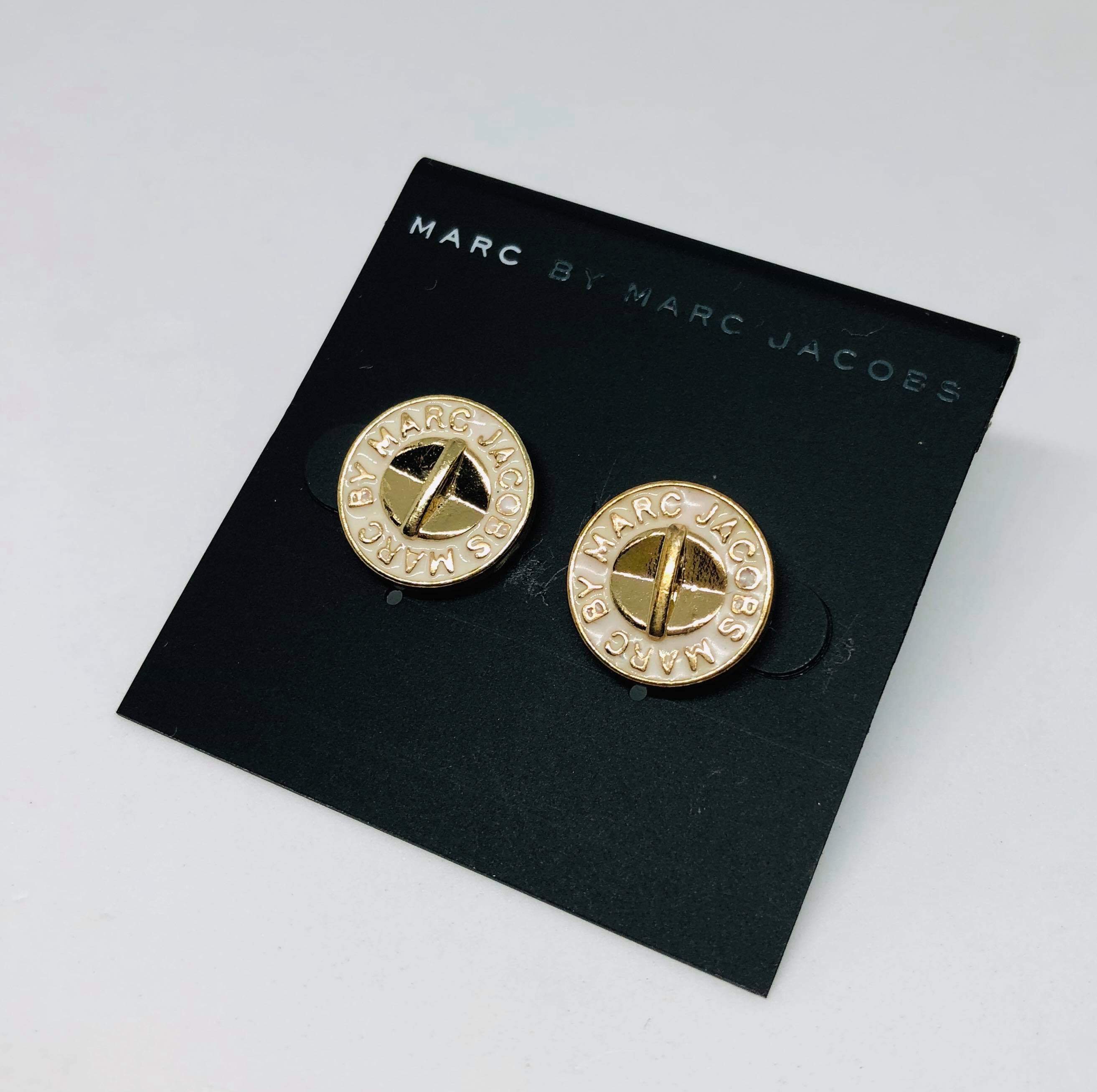 Marc Jacobs Gold&Milky White Logo Button Disc Stud Earrings