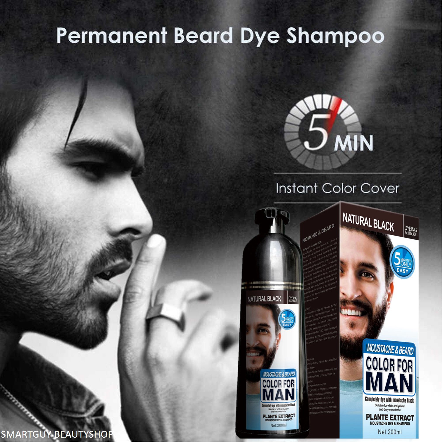 MOKERU black color dye shampoo for beard&hair 5 minutes fast color แชมพูเปลี่ยนสีผมและหนวดเคราภายใน 5 นาที สีดำธรรมชาติ