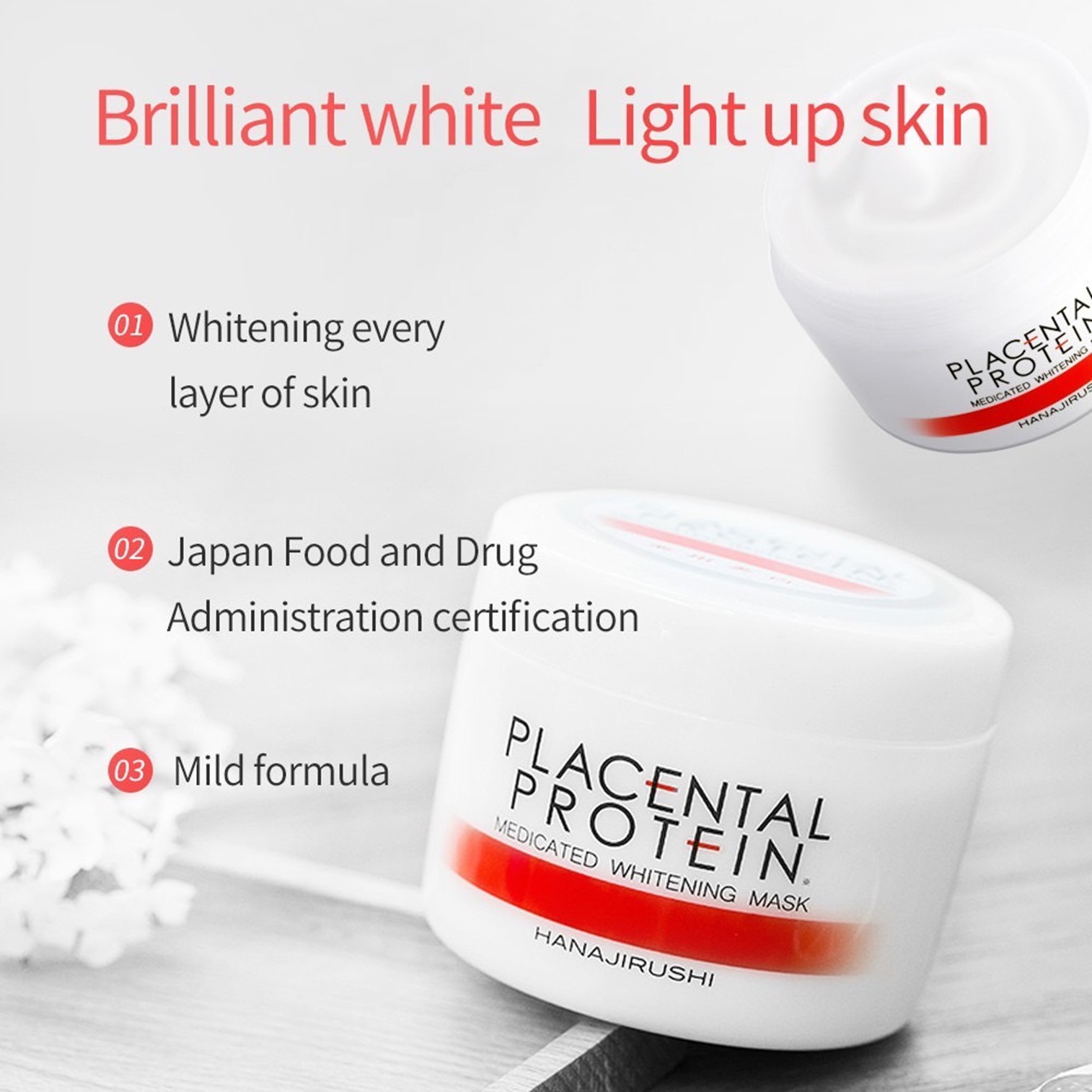 HANAJIRUSHI Placental Protein Medicated Whitening Mask 160g ครีมมาส์คหน้าสูตรพิเศษลดสิวริ้วรอยผิวหน้าแลดูกระจ่างใสอ่อนกว่าวัยสินค้านำเข้าจากญี่ปุ่นของแท้พร้อมส่ง