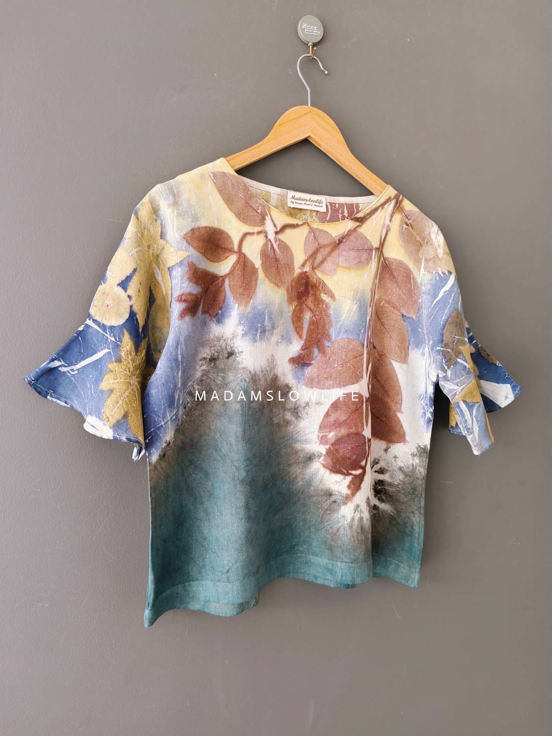 เสื้อผ้าลินินแท้ ลวดลายพิมพ์ลายแบบ eco-print อก 40 นิ้ว ยาว 22 นิ้ว