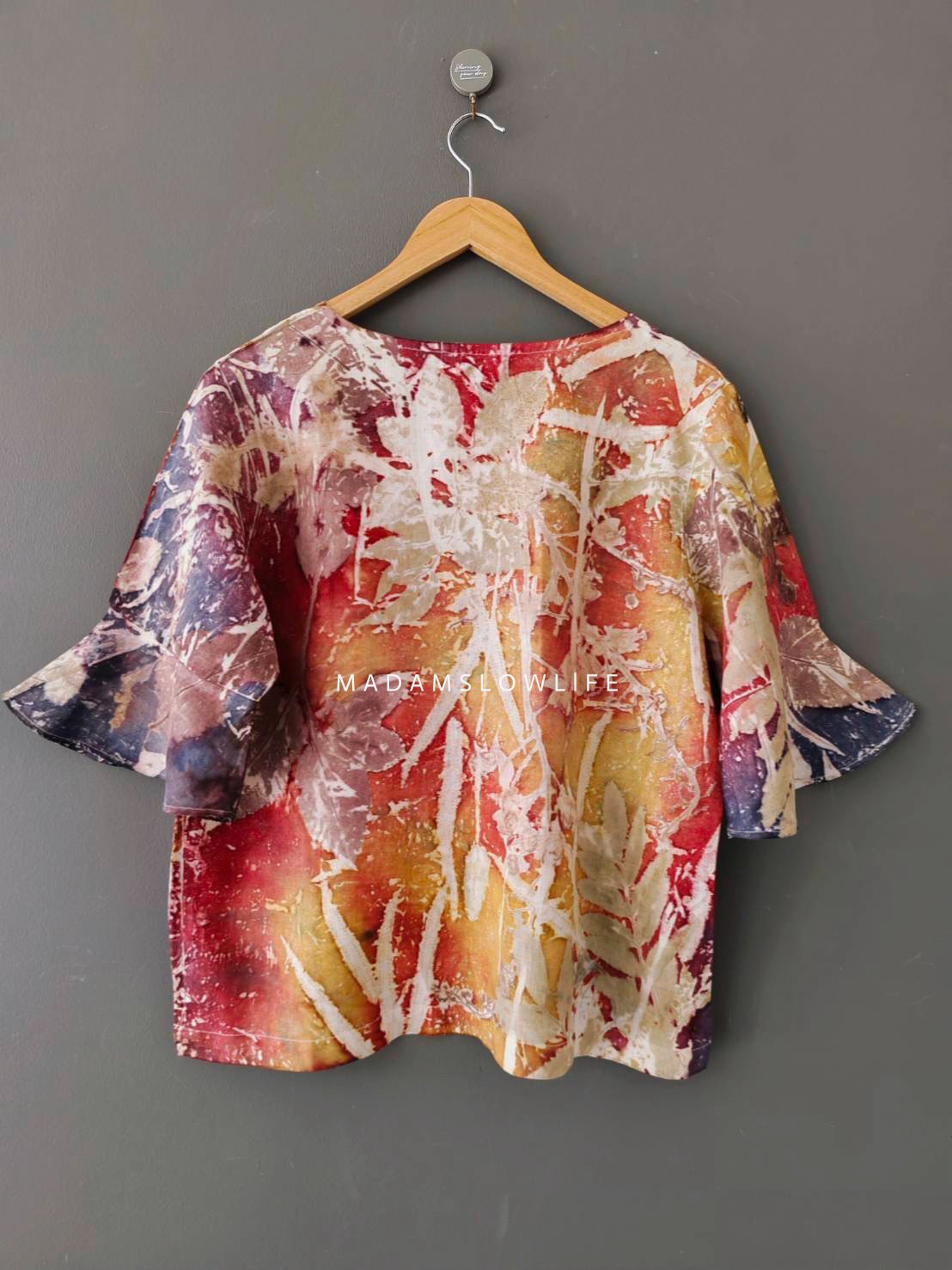 เสื้อผ้าลินินแท้ ลวดลายพิมพ์ลายแบบ eco-print อก 42 นิ้ว แขนยาว 12 นิ้ว ยาว 24 นิ้ว