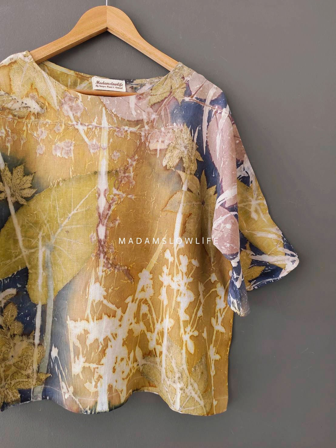 เสื้อผ้าลินินแท้ ลวดลายพิมพ์ลายแบบ eco-print อก 42 นิ้ว แขนยาว 12 นิ้ว ยาว 24 นิ้ว