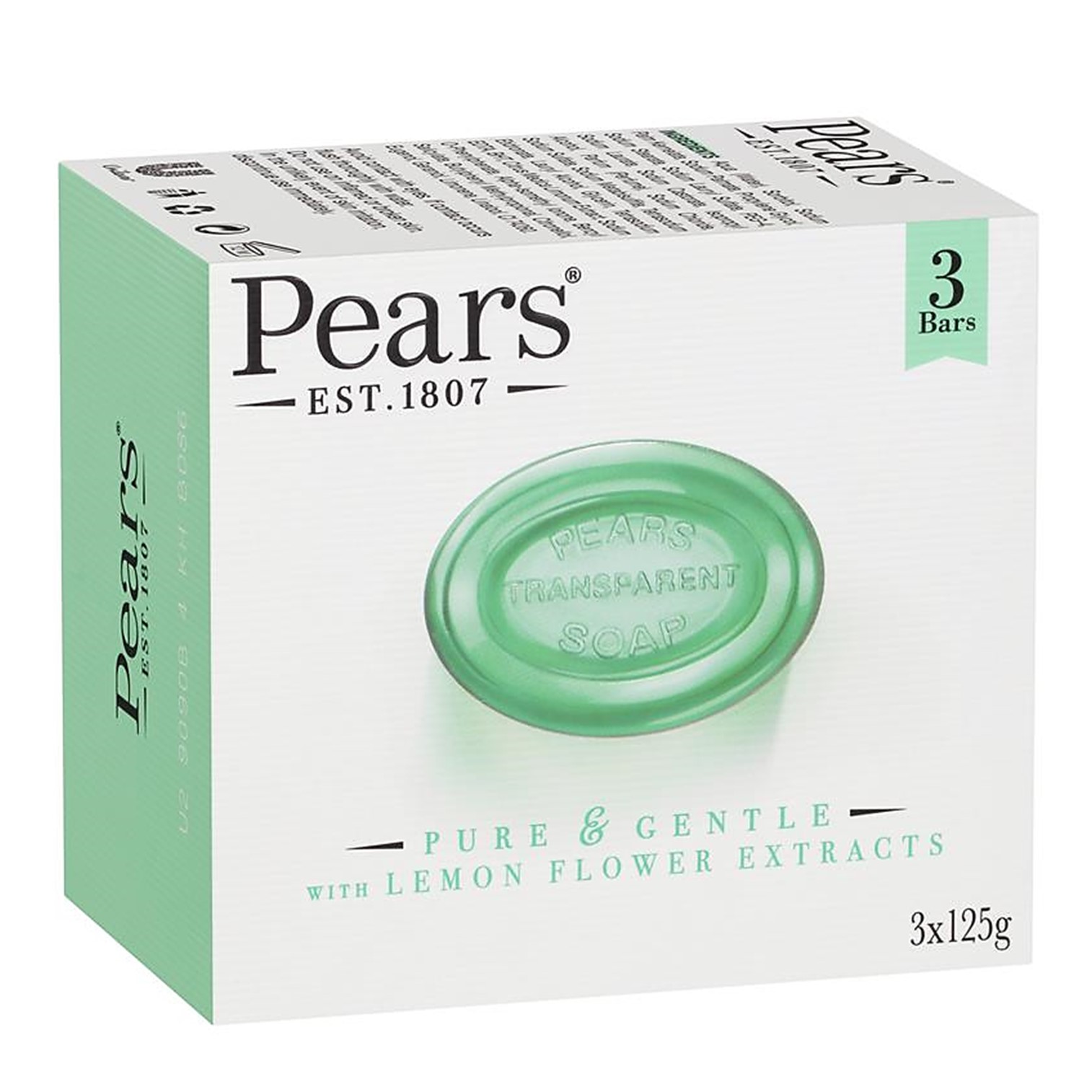 Pears Transparent Soap Pure And Gentle With Lemon Flower Extracts 3x125g สบู่ทำความสะอาดผิวหน้าผิวกายสูตรพิเศษสินค้านำเข้าจากออสเตรเลียพร้อมส่ง