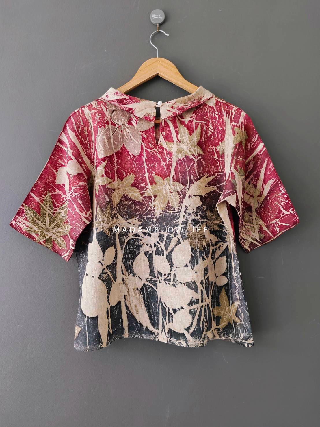 เสื้อผ้าลินินแท้ ลวดลายพิมพ์ลายแบบ eco-print อก 40 นิ้ว ยาว 22 นิ้ว