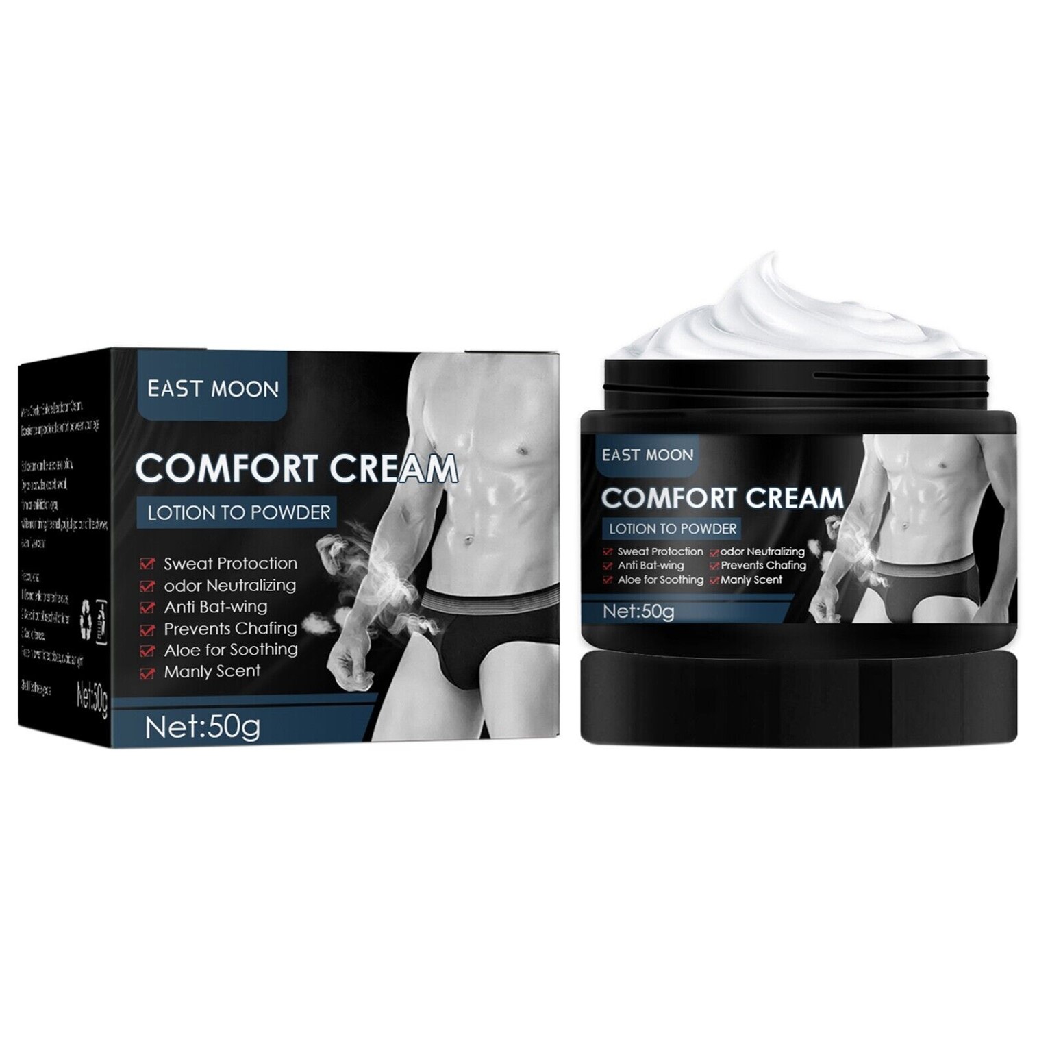 East Moon Comfort Cream Lotion To Powder 50g ผลิตภัณฑ์ระงับกลิ่นบริเวณจุดซ่อนเร้นสำหรับผู้ชายลดการสะสมของแบคทีเรียและกลิ่นอับชื้น
