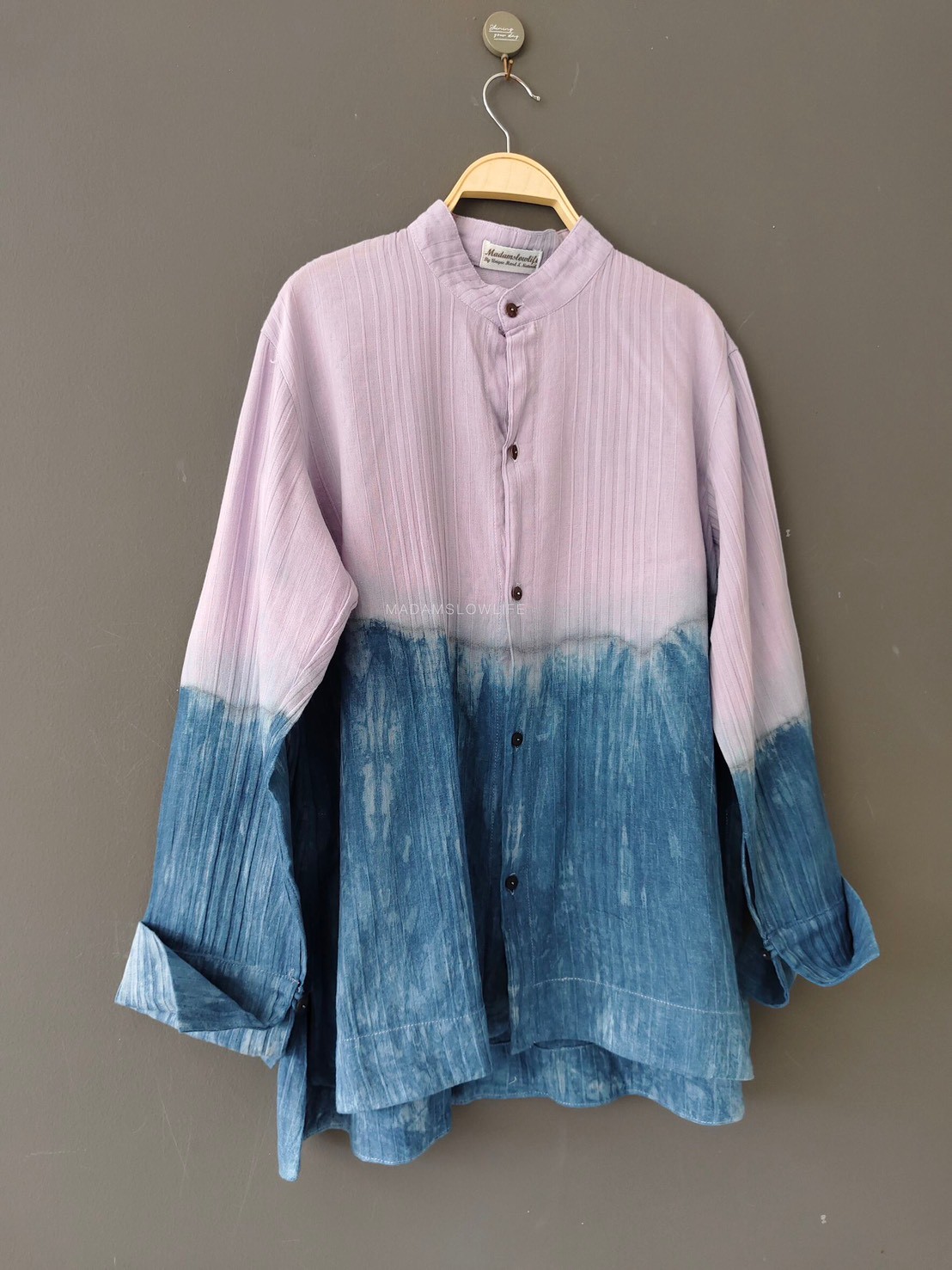 เสื้อแขนยาวคอจีนมัดย้อมทูโทนม่วงคราม Size: F มี 2 แบบ