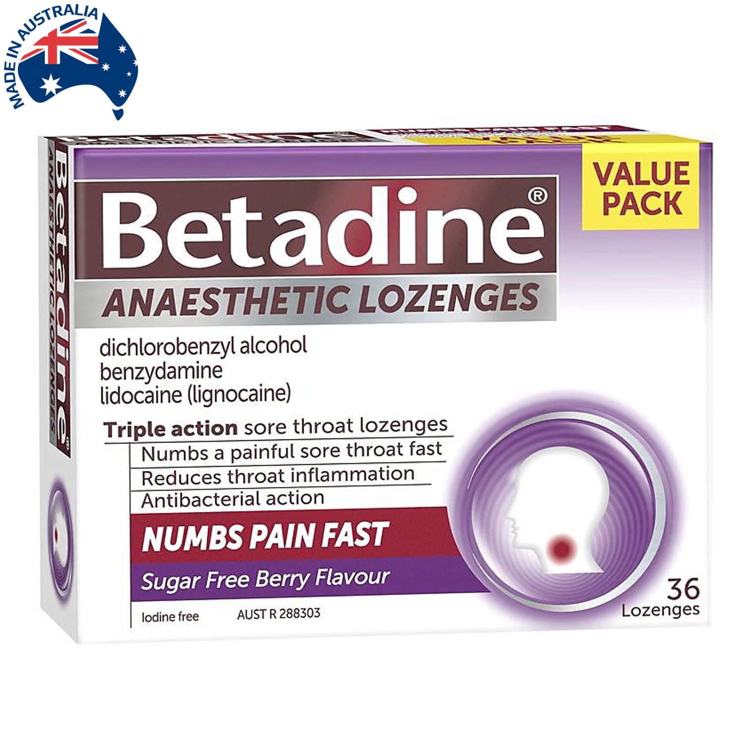 Betadine Anaesthetic Lozenges Triple Action Sore Throat Lozenges Berry Flavour 36 Lozenges เม็ดอมบรรเทาเจ็บคอลดการสะสมของแบคทีเรียเชื้อโรคในช่องปากรสเบอรี่