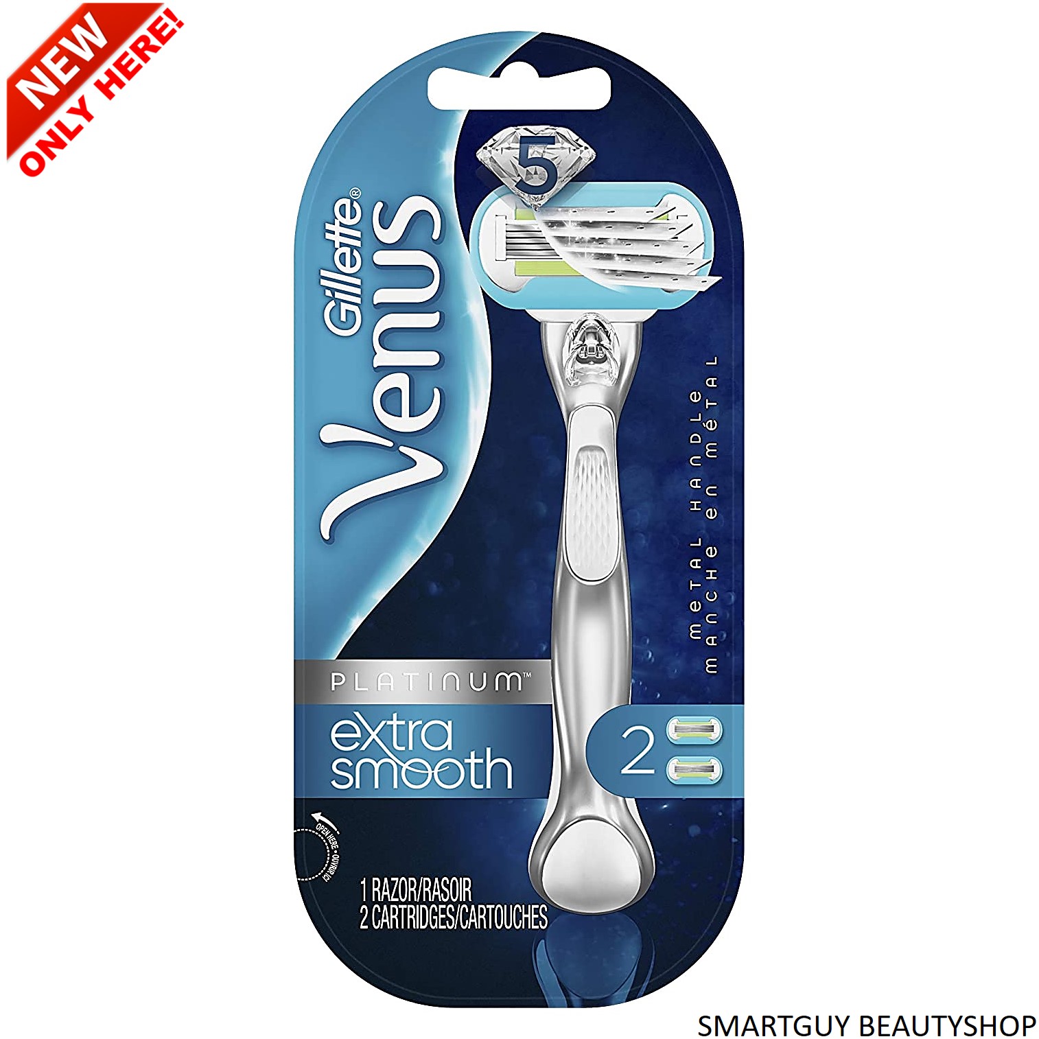 GilletteVenus Platinum Extra Smooth Metal Handle Women's Razor Handle + 2 Blade Refills ชุดอุปกรณ์กำจัดขนสำหรับผู้หญิงรุ่นพิเศษเคลือบมอยซ์เจอร์ไรเซอร์บำรุงผิวหลังโกน