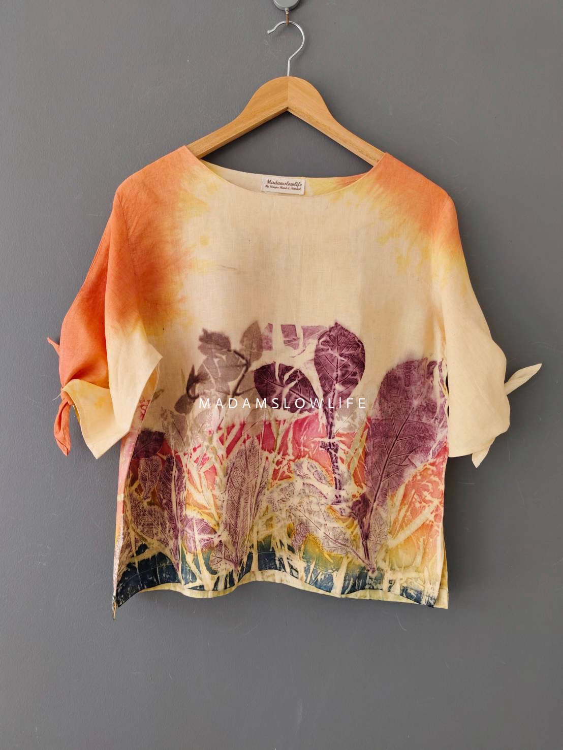 เสื้อผ้าลินินแท้ ลวดลายพิมพ์ลายแบบ eco-print อก 42 นิ้ว ยาว 22 นิ้ว