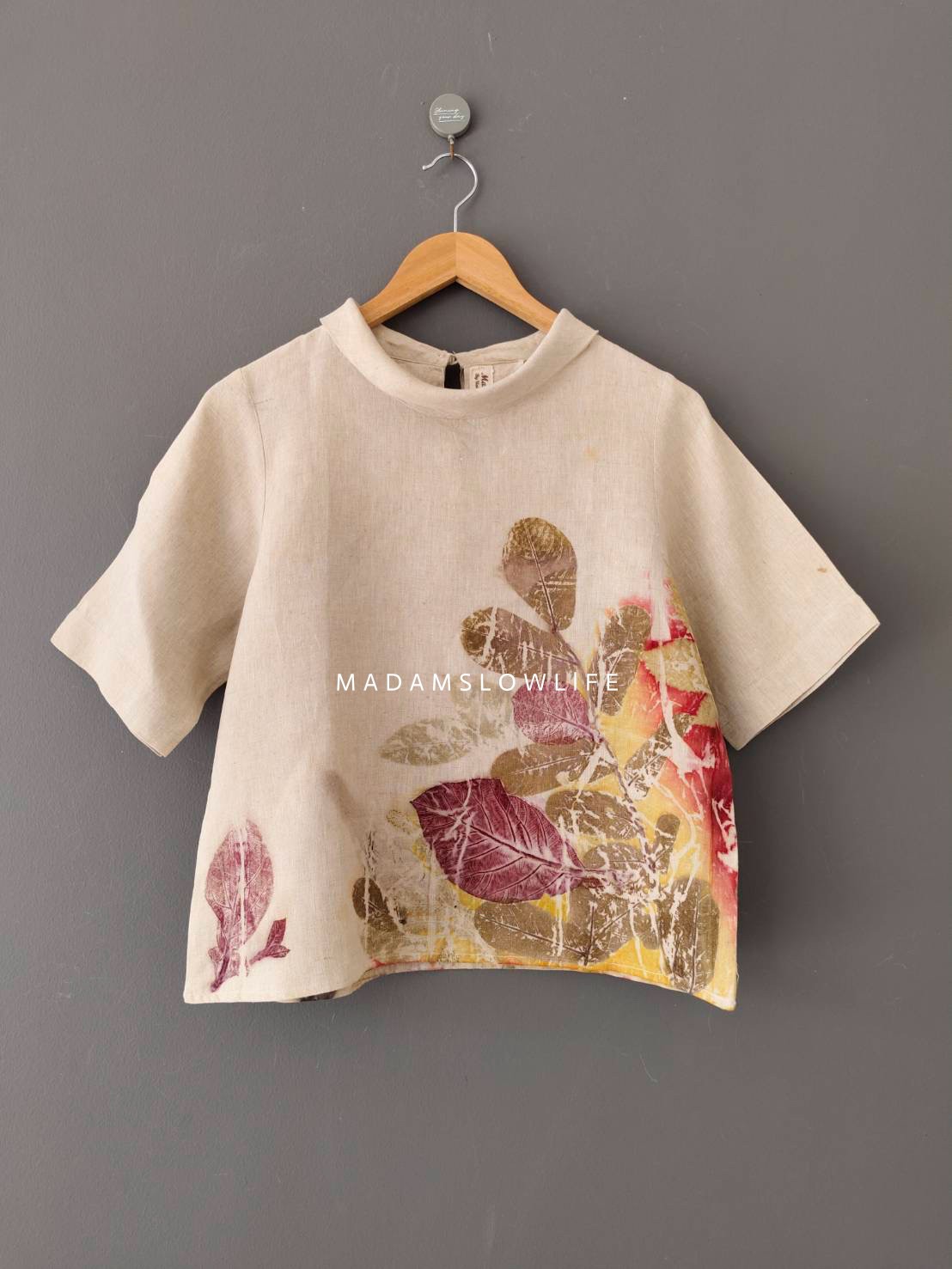 เสื้อผ้าลินินแท้ ลวดลายพิมพ์ลายแบบ eco-print อก 38 นิ้ว ยาว 21 นิ้ว