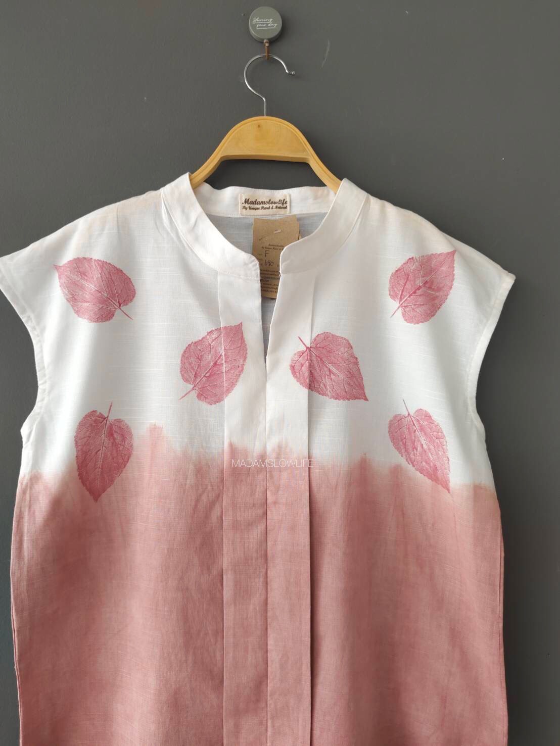 เสื้อผู้หญิง คอจีน Size: F มัดย้อมสีชมพูทูโทน พิมพ์ใบไม้จากสีปลอดสารพิษ