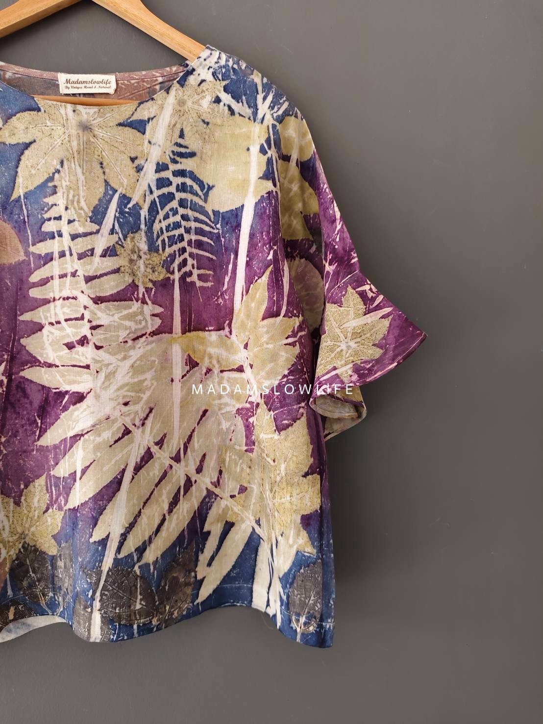เสื้อผ้าลินินแท้ ลวดลายพิมพ์ลายแบบ eco-print อก 44 นิ้ว แขนยาว 14 ยาว 24 นิ้ว