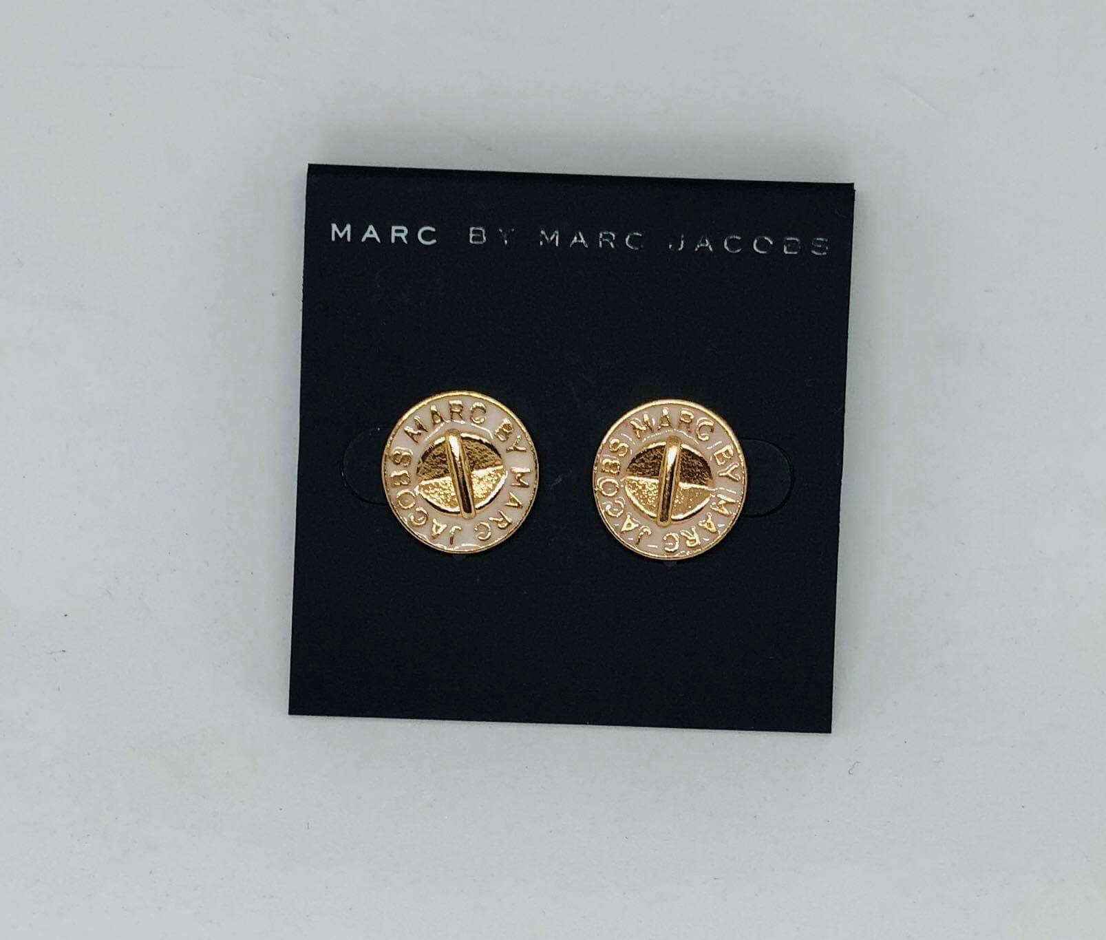 Marc Jacobs Gold&Milky White Logo Button Disc Stud Earrings