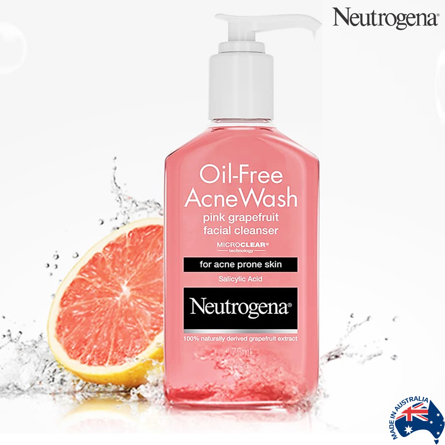 Neutrogena Oil Free Acne Wash Pink Grapefruit Facial Cleanser 175ml ผลิตภัณฑ์ทำความสะอาดผิวหน้ากระจ่างใสสูตรลดสิวคุมมันสินค้านำเข้าจากออสเตรเลียของแท้พร้อมส่ง