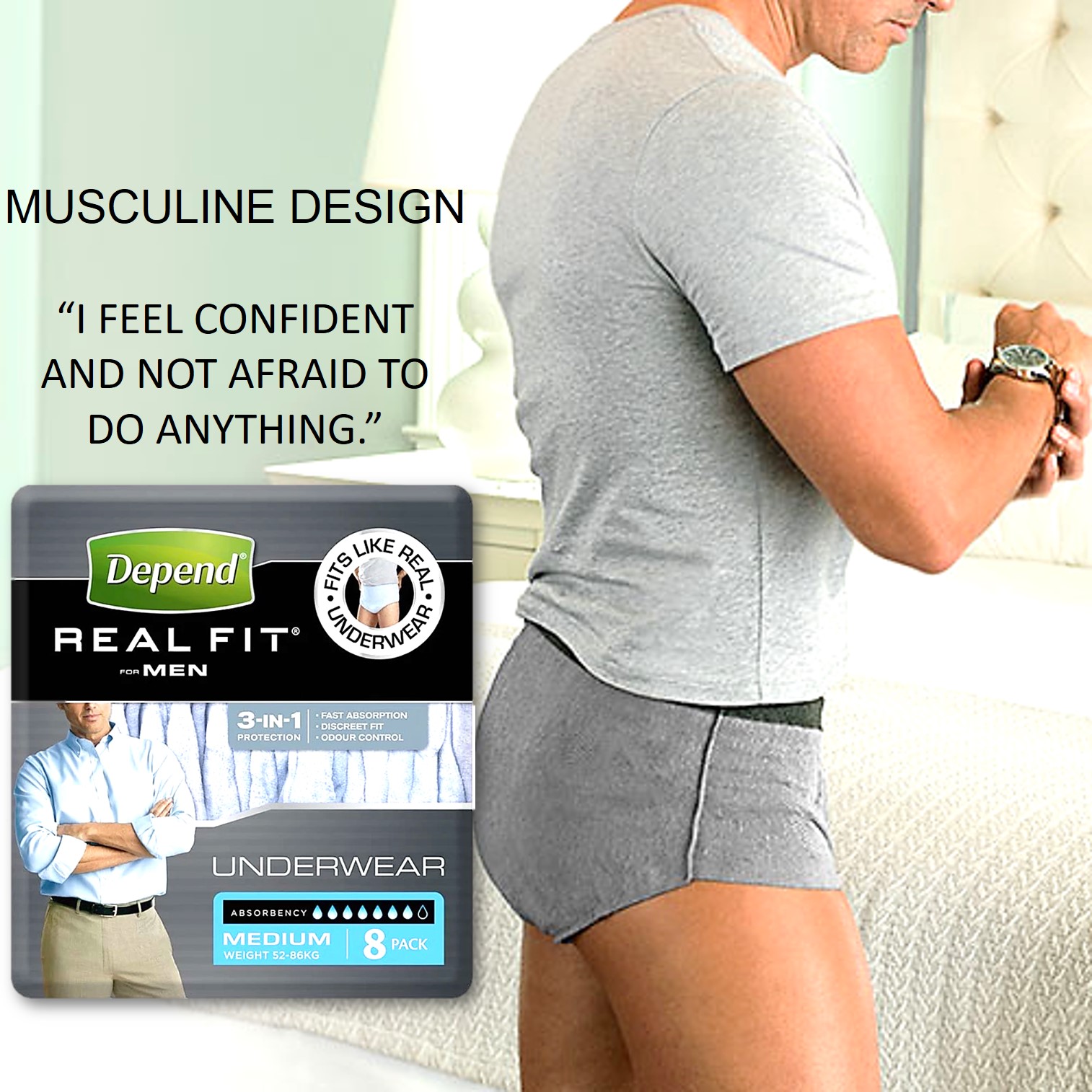 Depend Real Fit Underwear Male Medium 8 Pack ผลิตภัณฑ์ชุดชั้นในชายช่วยลดความอับชื้นและเชื้อแบคทีเรียสะสมแบบใช้ครั้งเดียว