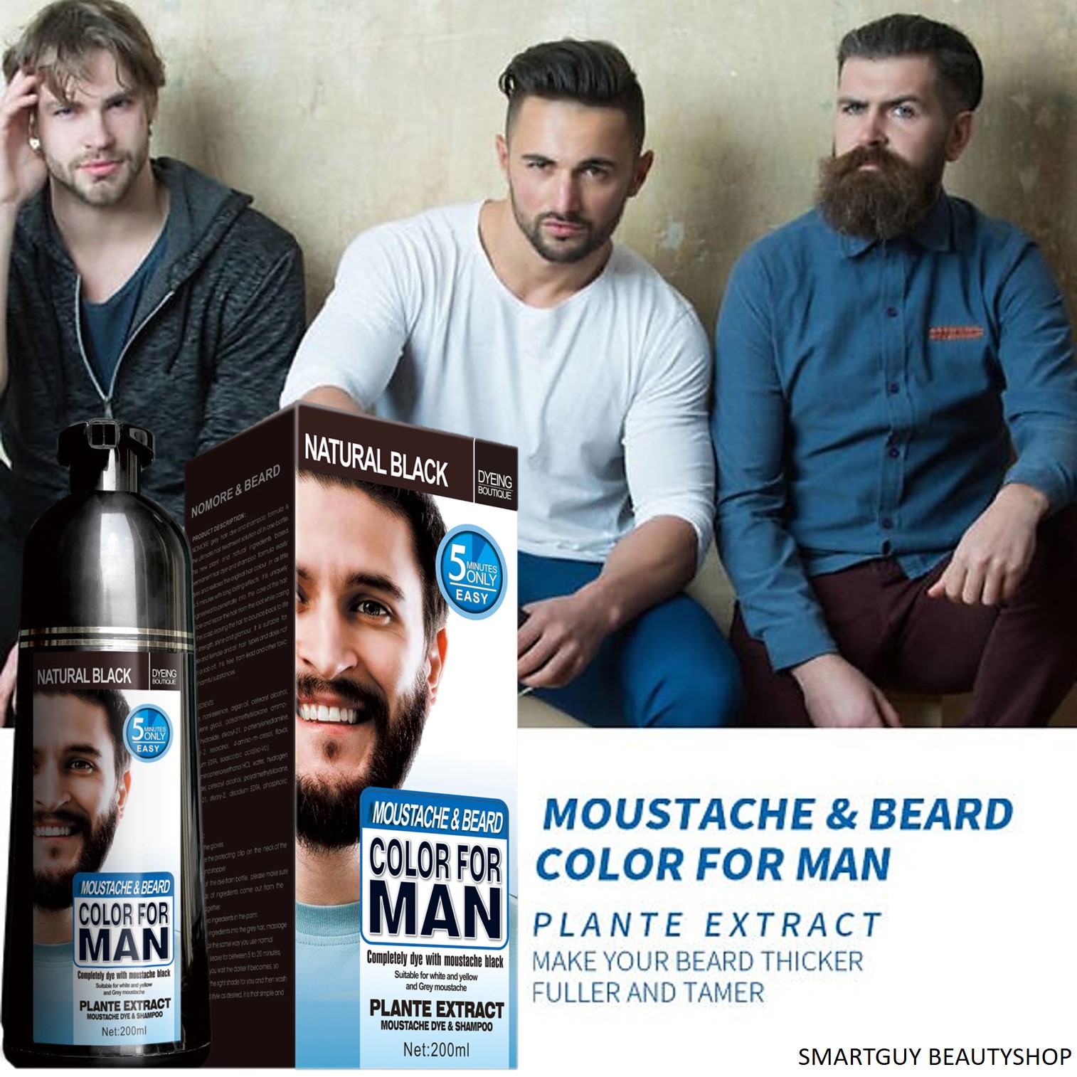 MOKERU black color dye shampoo for beard&hair 5 minutes fast color แชมพูเปลี่ยนสีผมและหนวดเคราภายใน 5 นาที สีดำธรรมชาติ