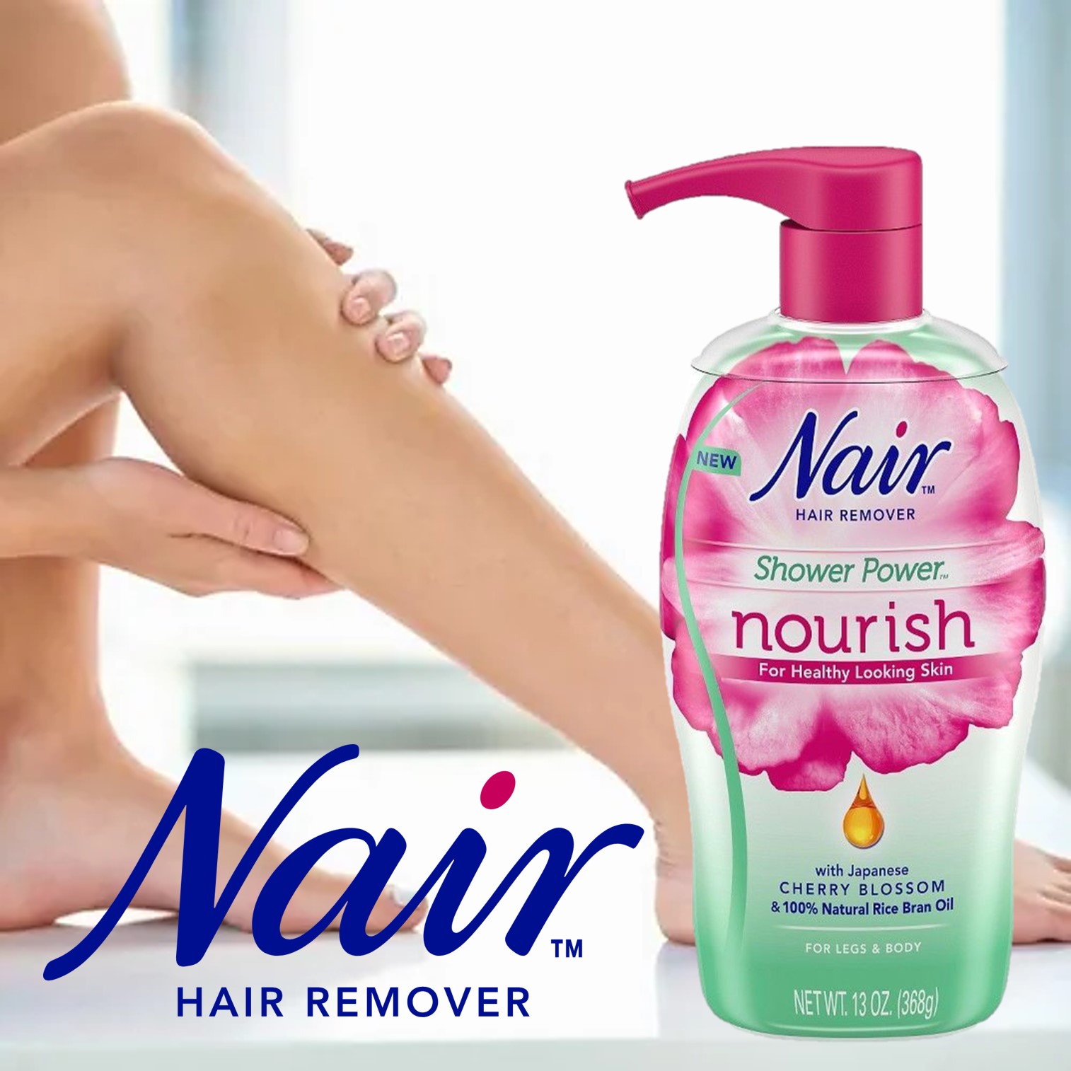 Nair Hair Remover Shower Power Nourish With Japanese Cherry Blossom 368g ผลิตภัณฑ์กำจัดขนสำหรับร่างกายสูตรอ่อนโยนสำหรับผิวบอบบางแพ้ง่าย