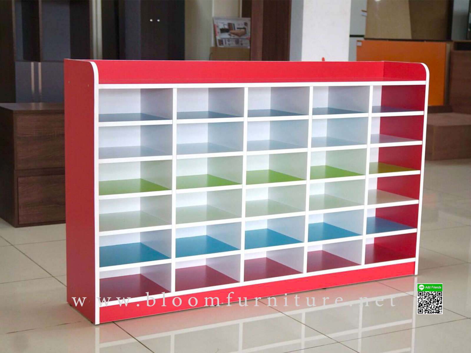 ชั้นหนังสือเด็ก ชั้นวางของ 30 ช่อง สีสรรสวยงาม ขนาด 150*30*90 ซม.
