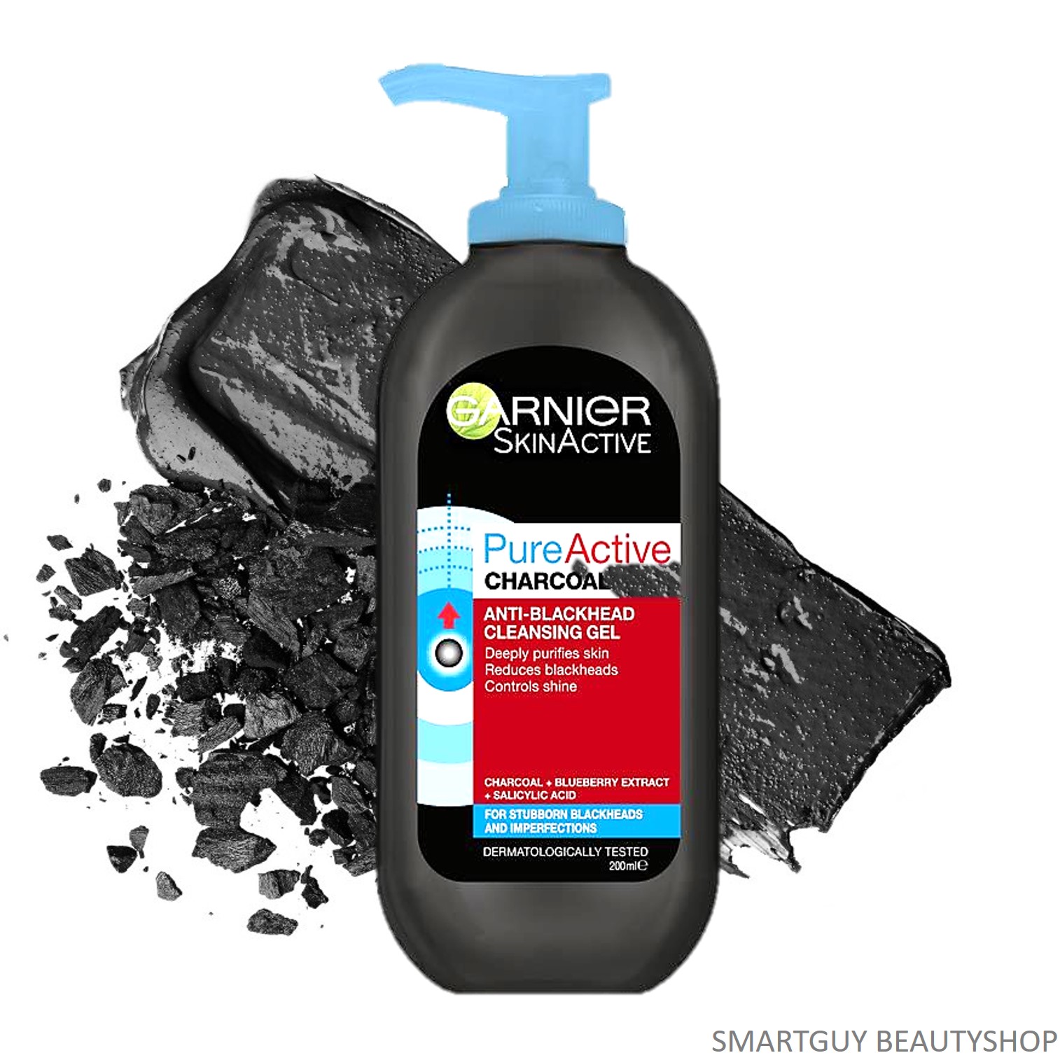Garnier Pure Active Anti-Blackhead Charcoal Cleansing Gel Wash 200ml ผลิตภัณฑ์ทำความสะอาดผิวหน้าสูตรใหม่ล่าสุดจากส่วนผสมถ่านชาโคล สินค้านำเข้าจากต่างประเทศ