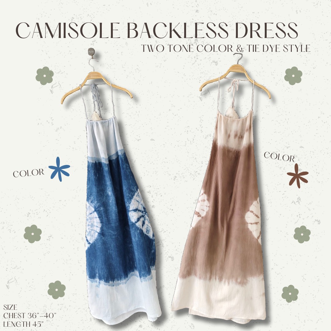 ชุดเดรสเว้าหลังให้ลุคน่ารัก มัดย้อม มี 2 สี คราม น้ำตาล Size: F