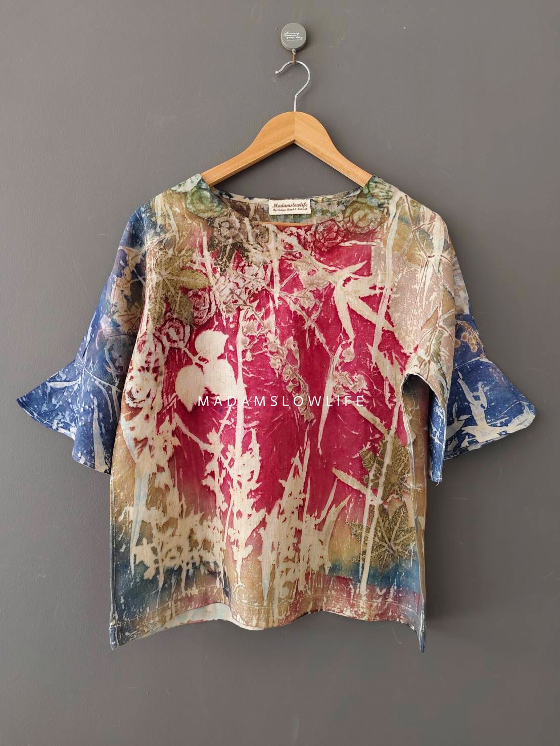 เสื้อผ้าลินินแท้ ลวดลายพิมพ์ลายแบบ eco-print อก 42 นิ้ว แขนยาว 12 นิ้ว ยาว 24 นิ้ว