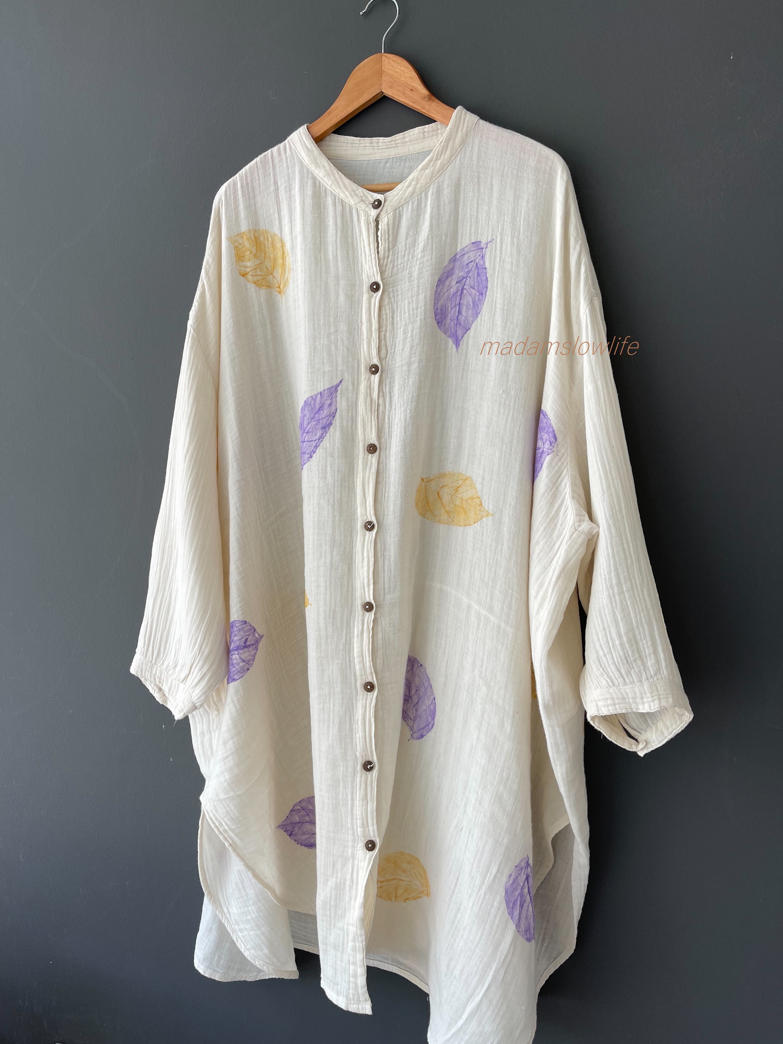 ชุดแซกพิมพ์ลายใบไม้ ผ้าคอตตอน 100% (ผ้าสาลู มีเทคเจอร์)