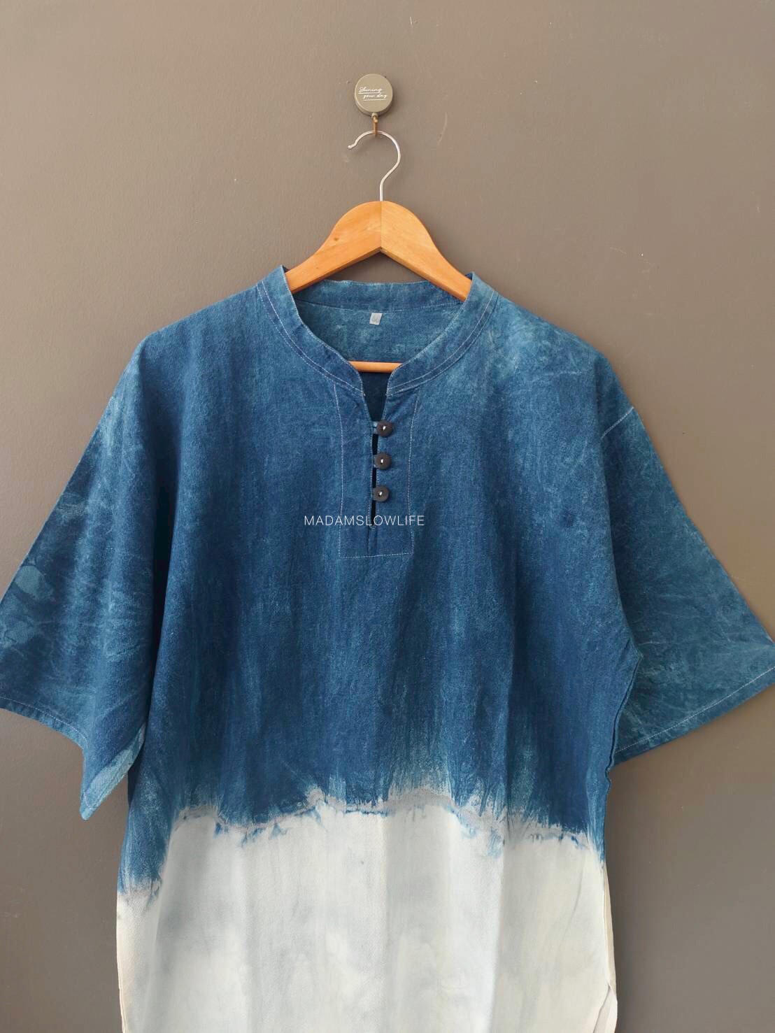 เสื้อคอจีนผู้ชายมัดย้อมสีครามธรรมชาติ Size:42" 44" 46" 48" 50"